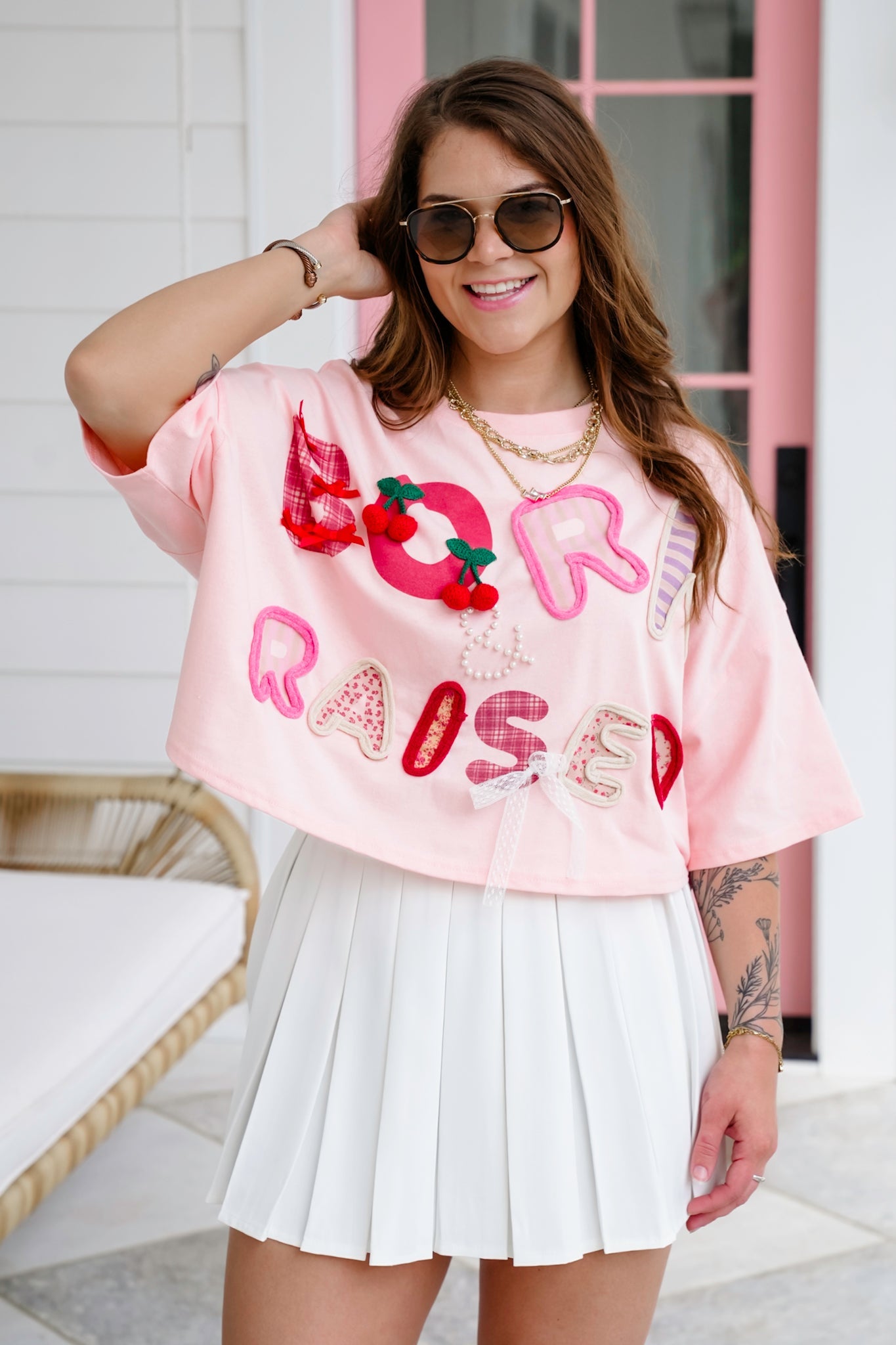 Short Sleeve "Born & Raised" Patchwork Crop Top