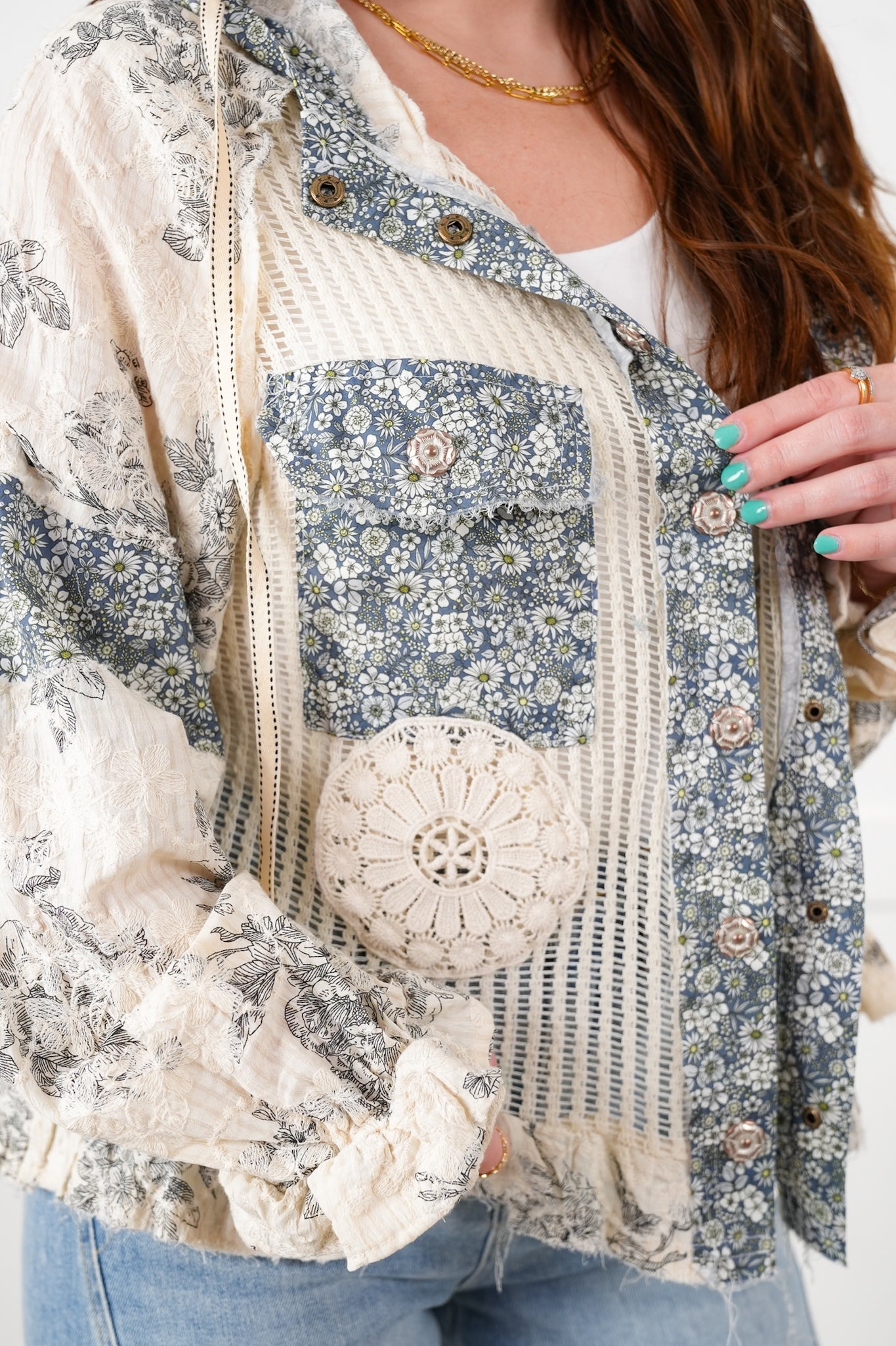 POL Crochet and Floral Long Sleeve Hooded Jacket