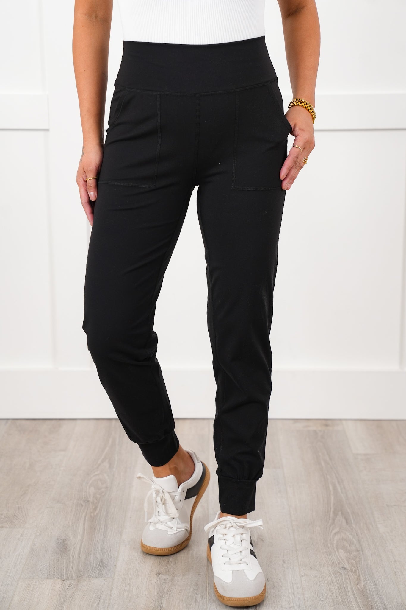 Plus/Reg Solid Elastic High Waisted Joggers