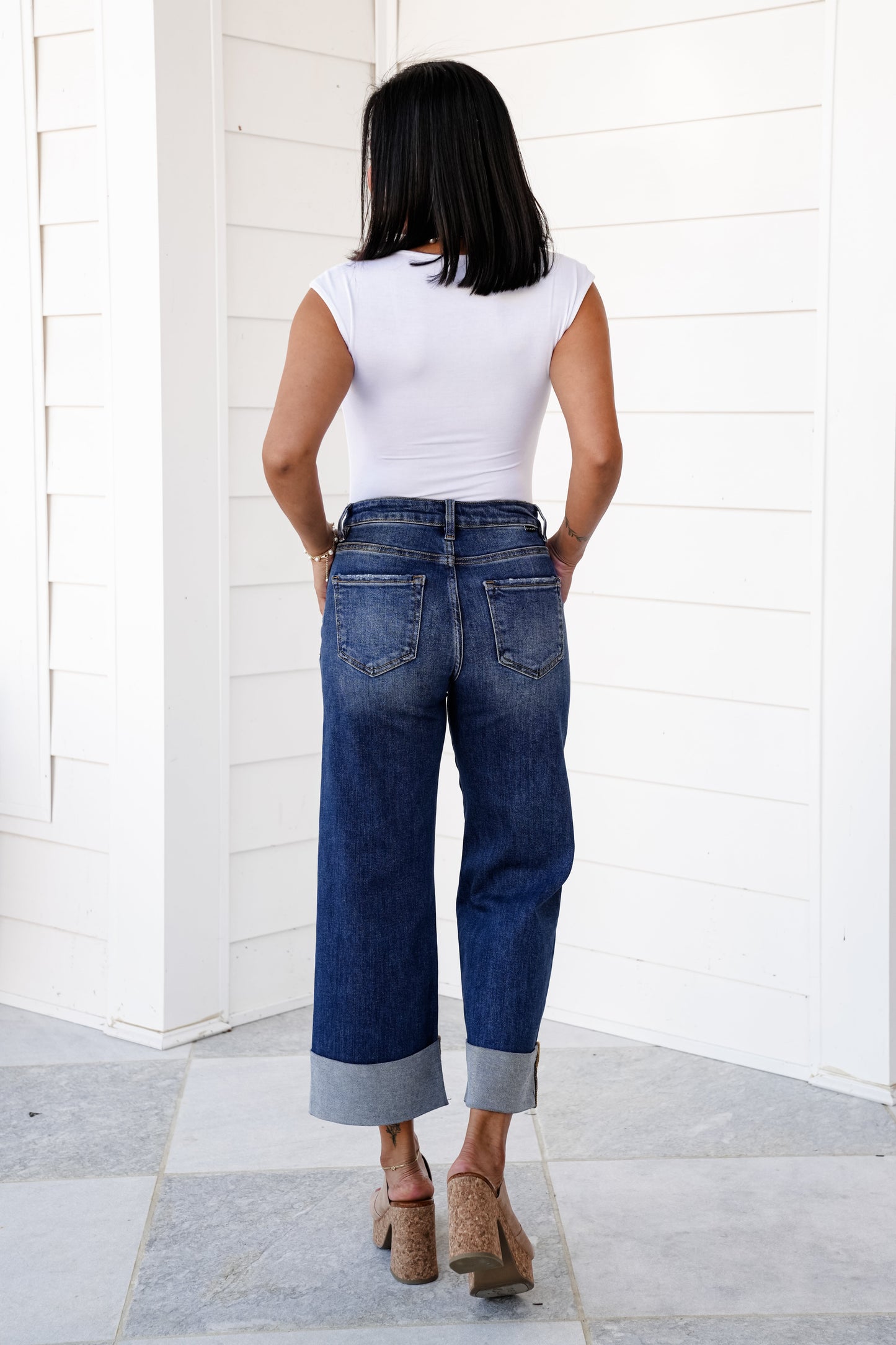 Risen High Rise Dark Wash Tummy Control Wide Leg Cuffed Jeans