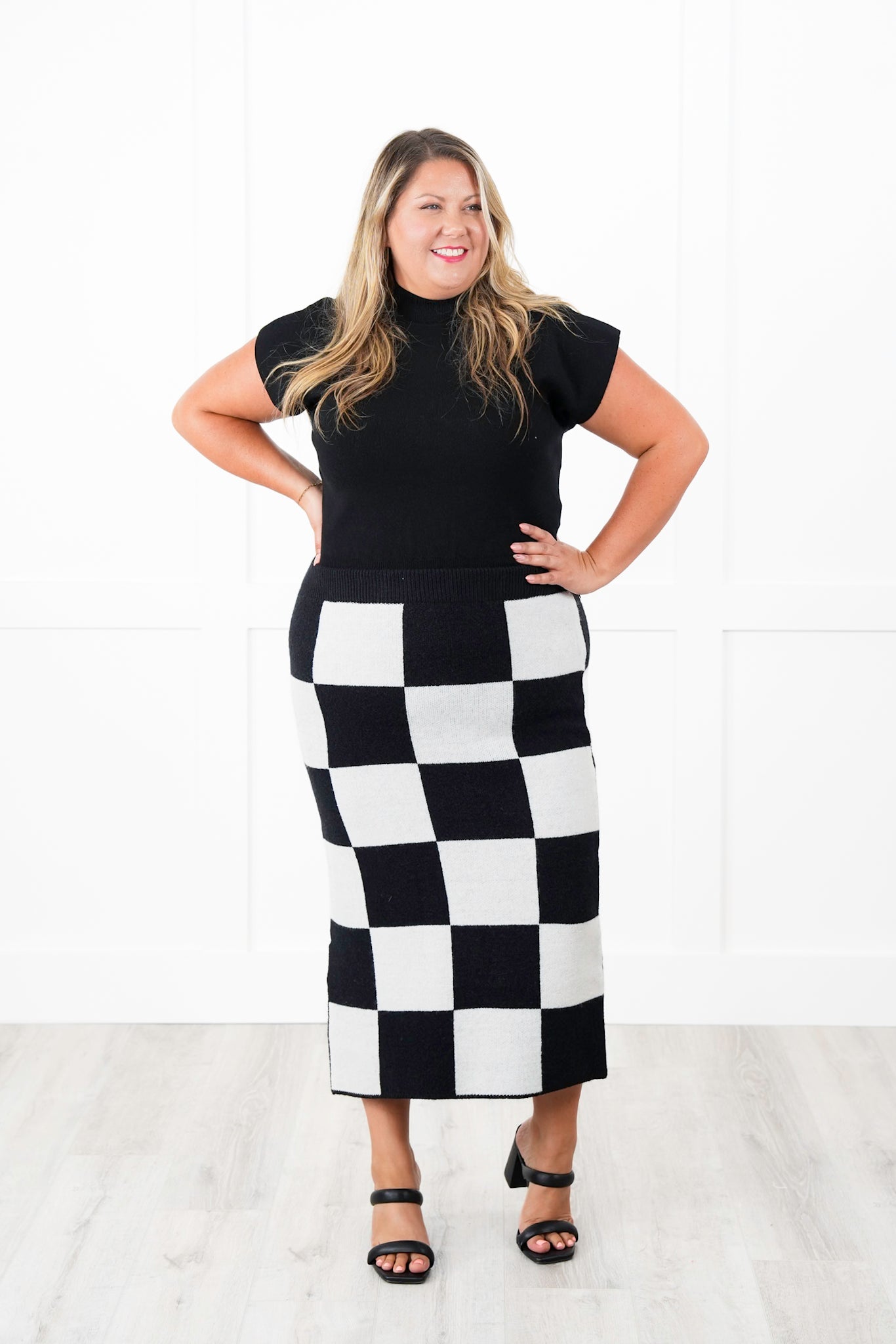 Restock! Plus/Reg Checkered Pencil Midi Sweater Skirt