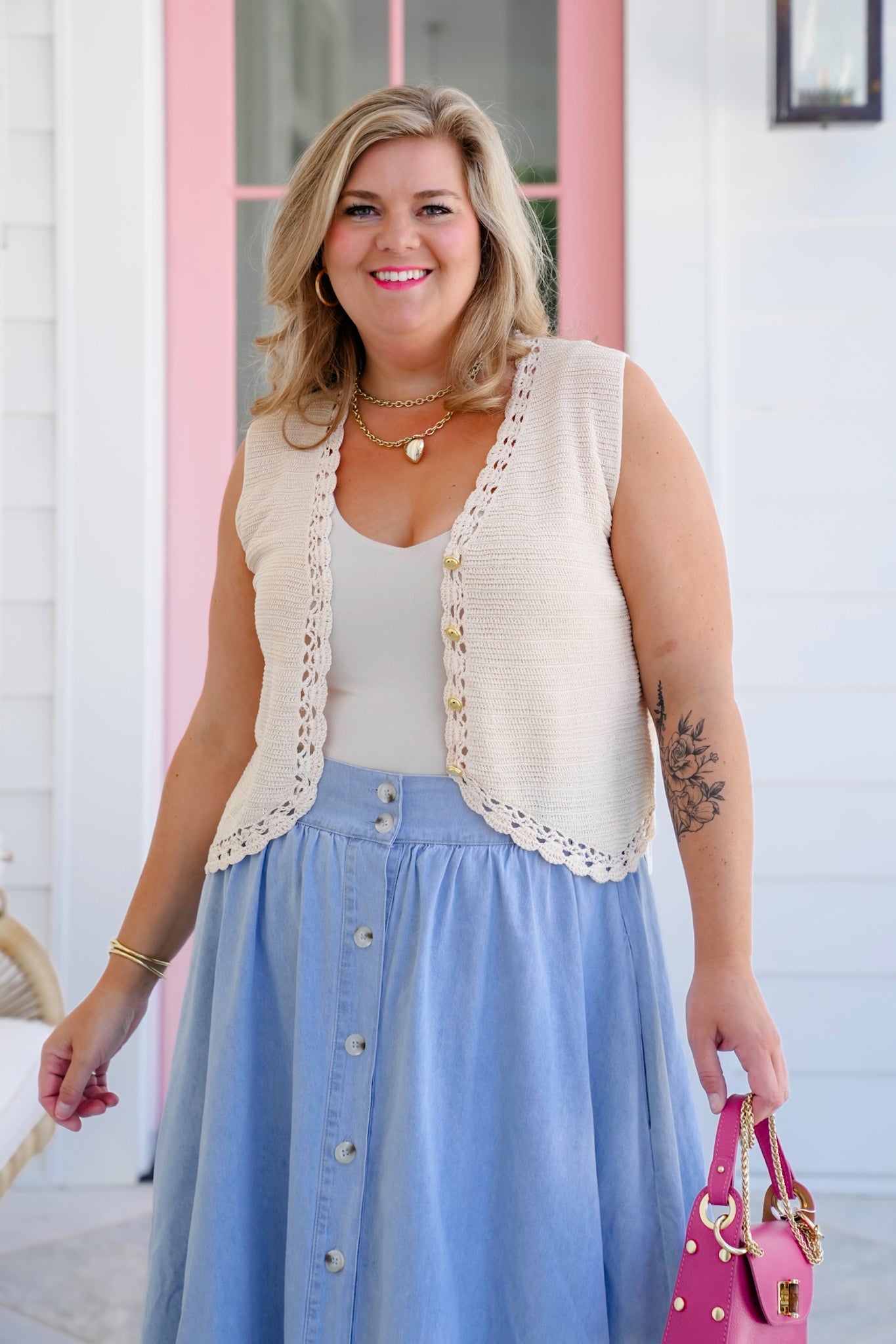 Button Down Sweater Vest with Crochet Trim Detail