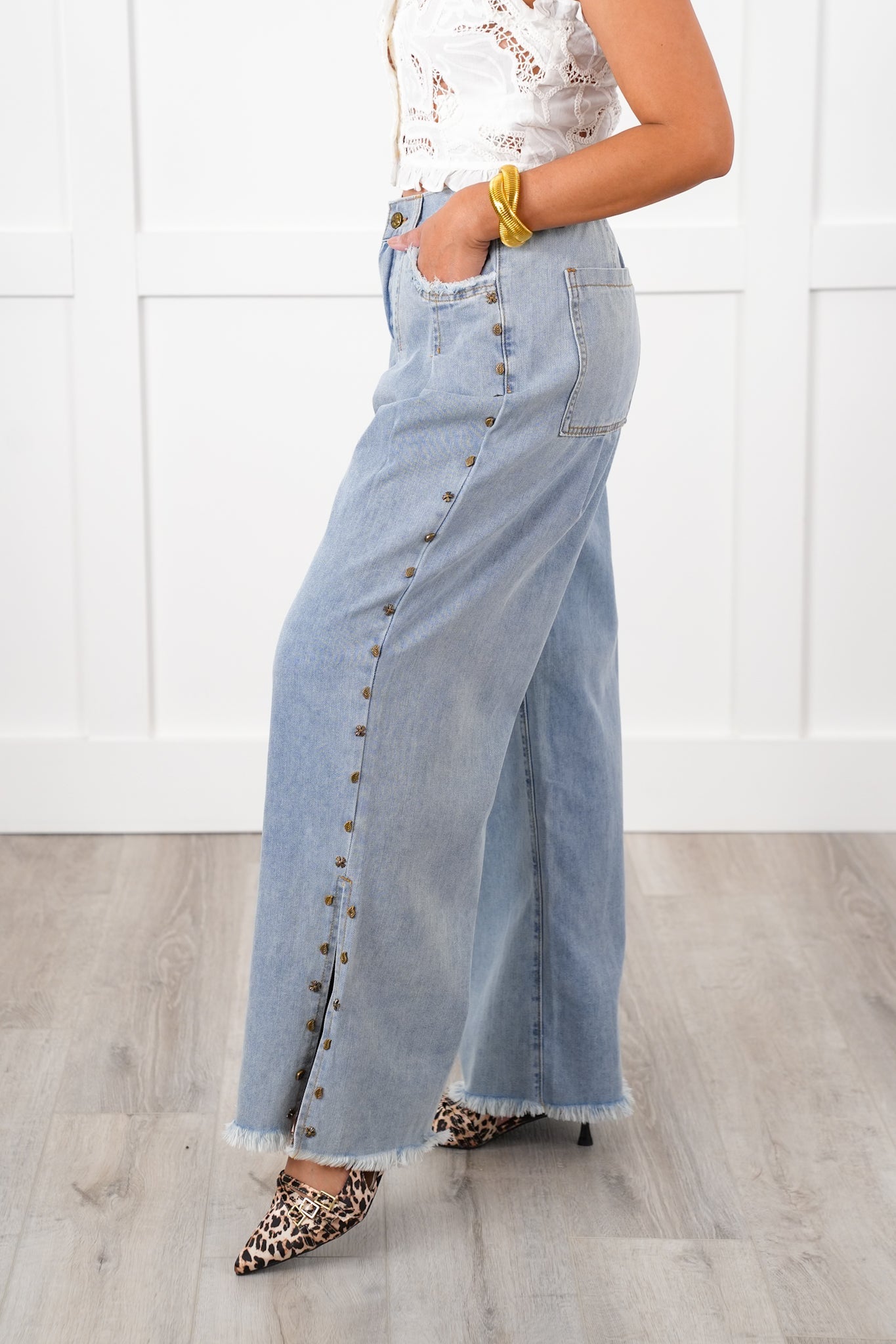 POL Studded Denim Twill Wide Leg Pants with Side Slit Detail