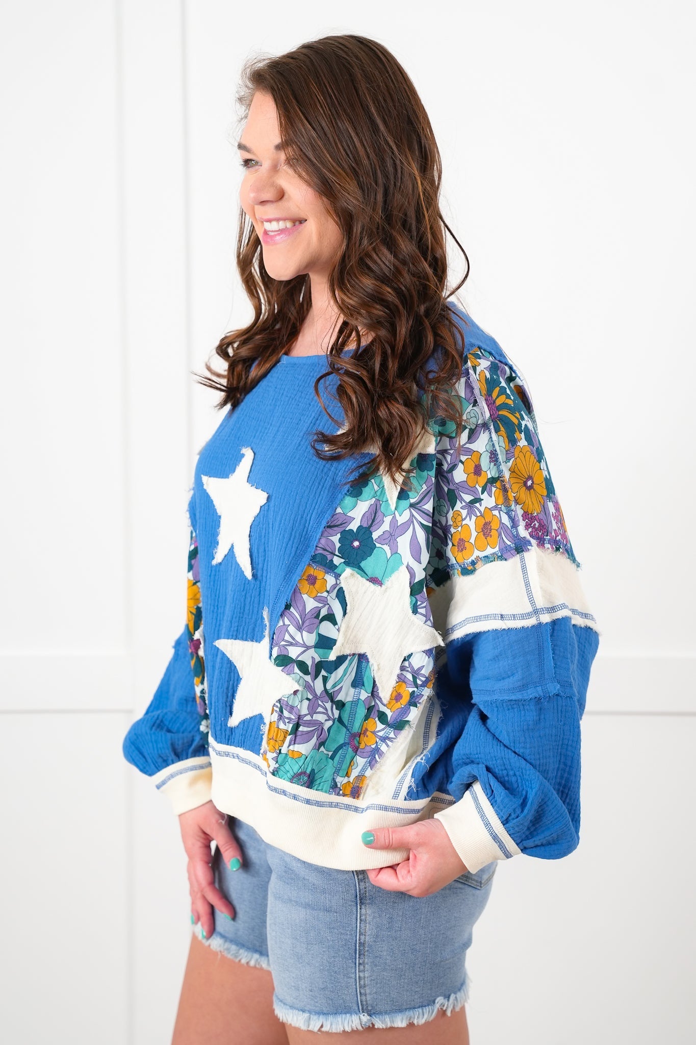 Gauze Long Sleeve Top with Floral and Star Detail