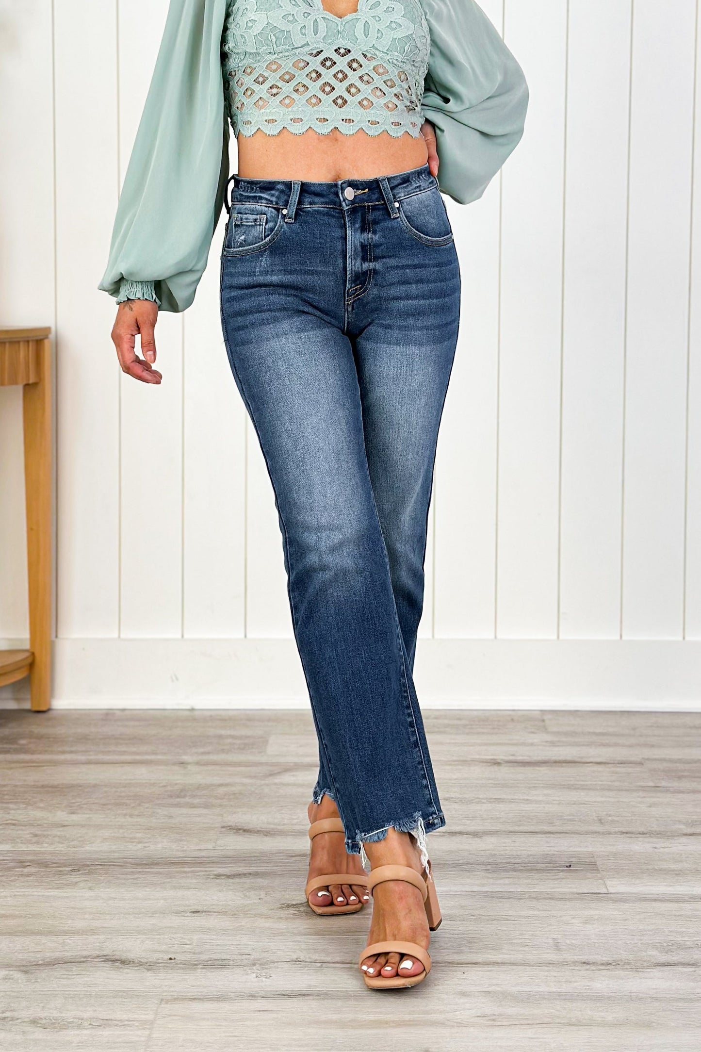 Risen Cropped to Perfection High Rise Dark Wash Relaxed Straight Leg Jeans