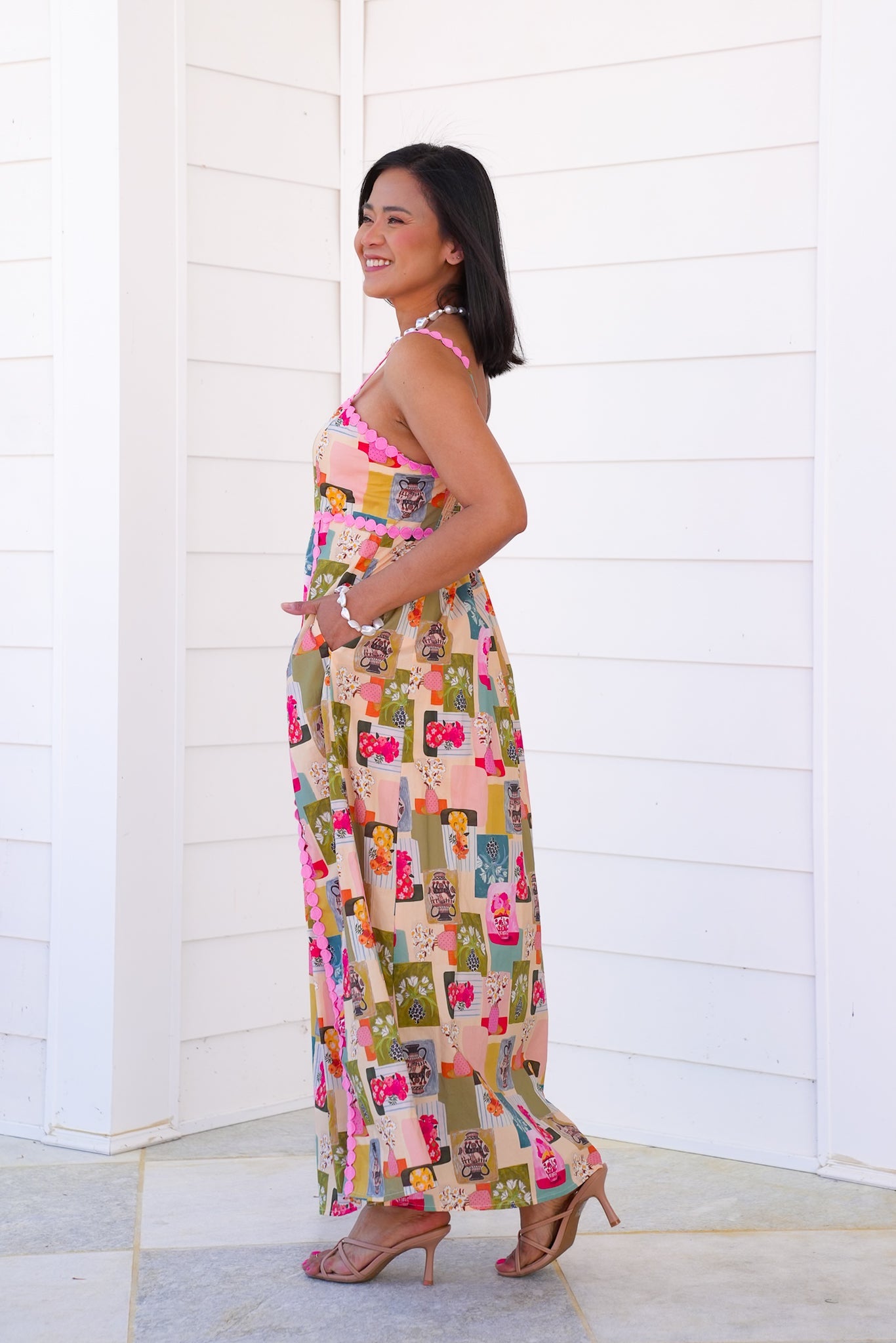 Floral Print Sleeveless Midi Dress with Trim Detail