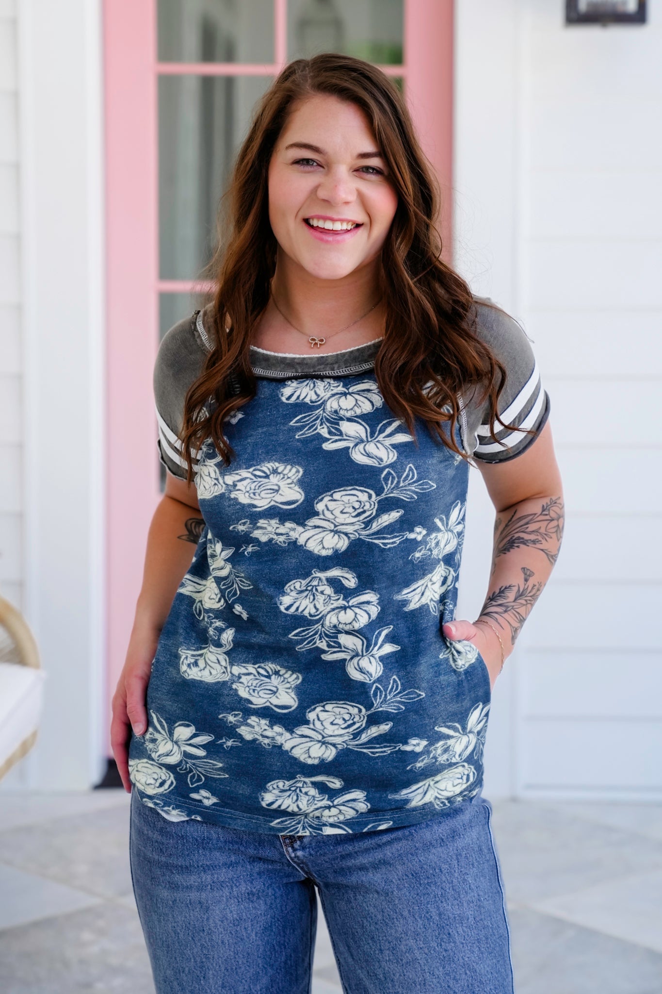 Raglan Short Sleeve Top with Floral Print Detail