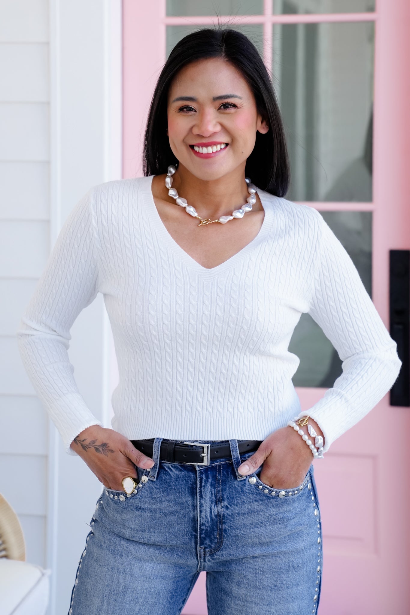 Cable Knit Long Sleeve Cropped V-Neck Pullover Sweater