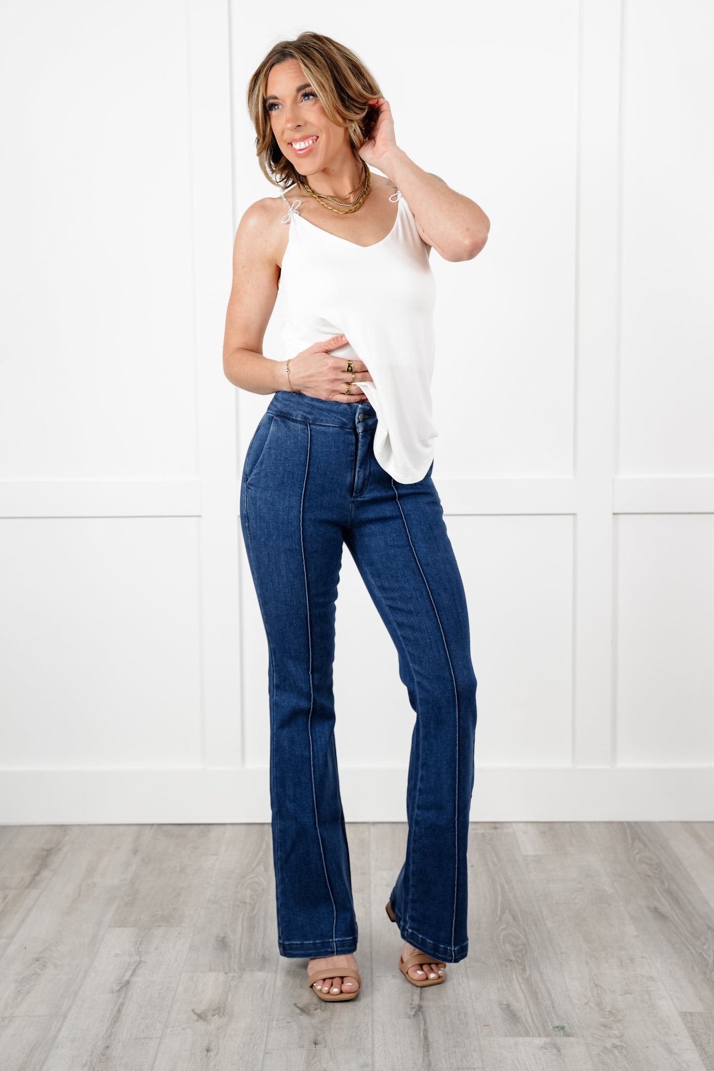 Special A High Rise Dark Wash Tummy Control Flare Jeans with Front Seam Detail