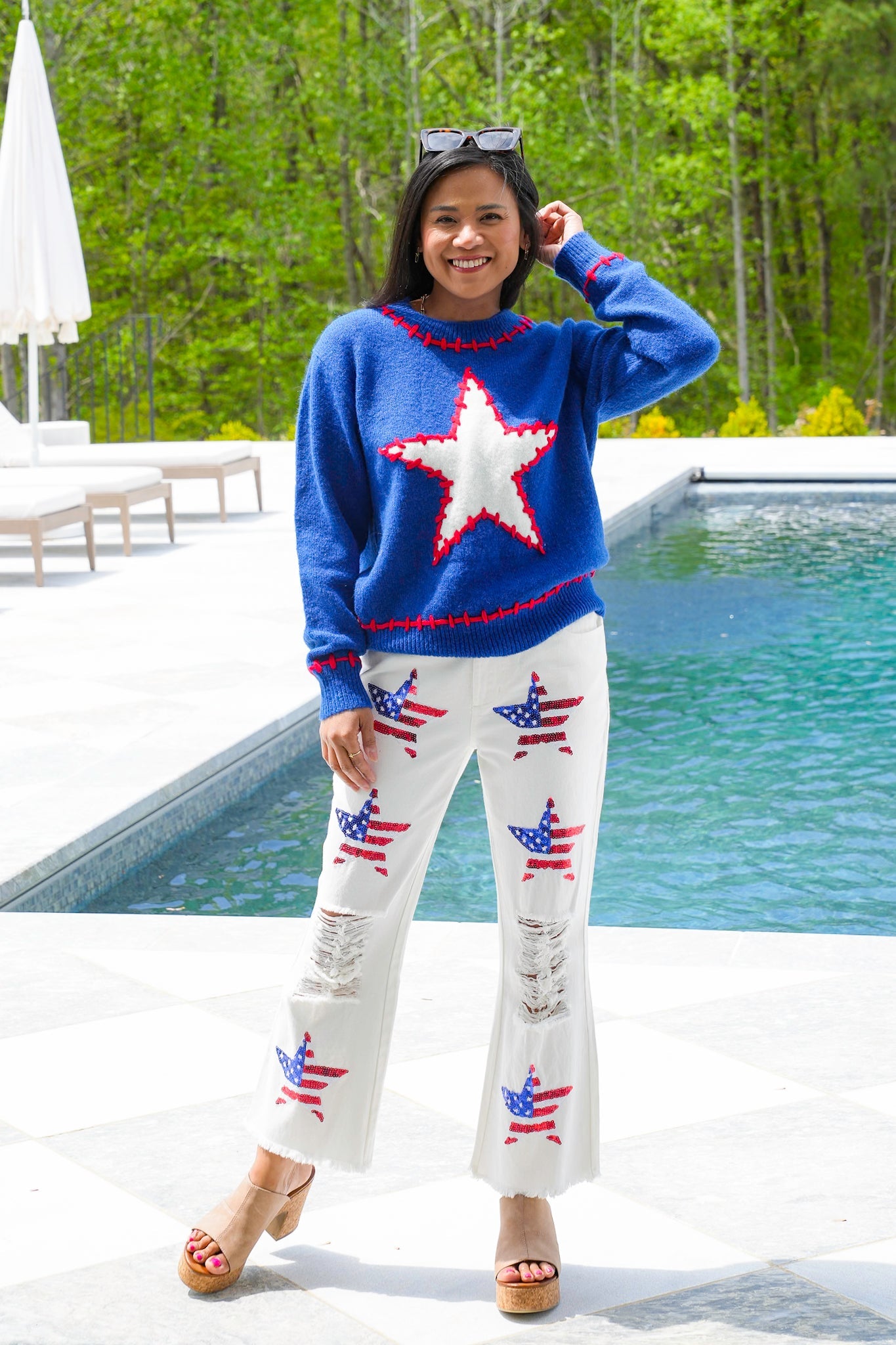 Blue Long Sleeve Pullover Sweater with Star Patch Detail