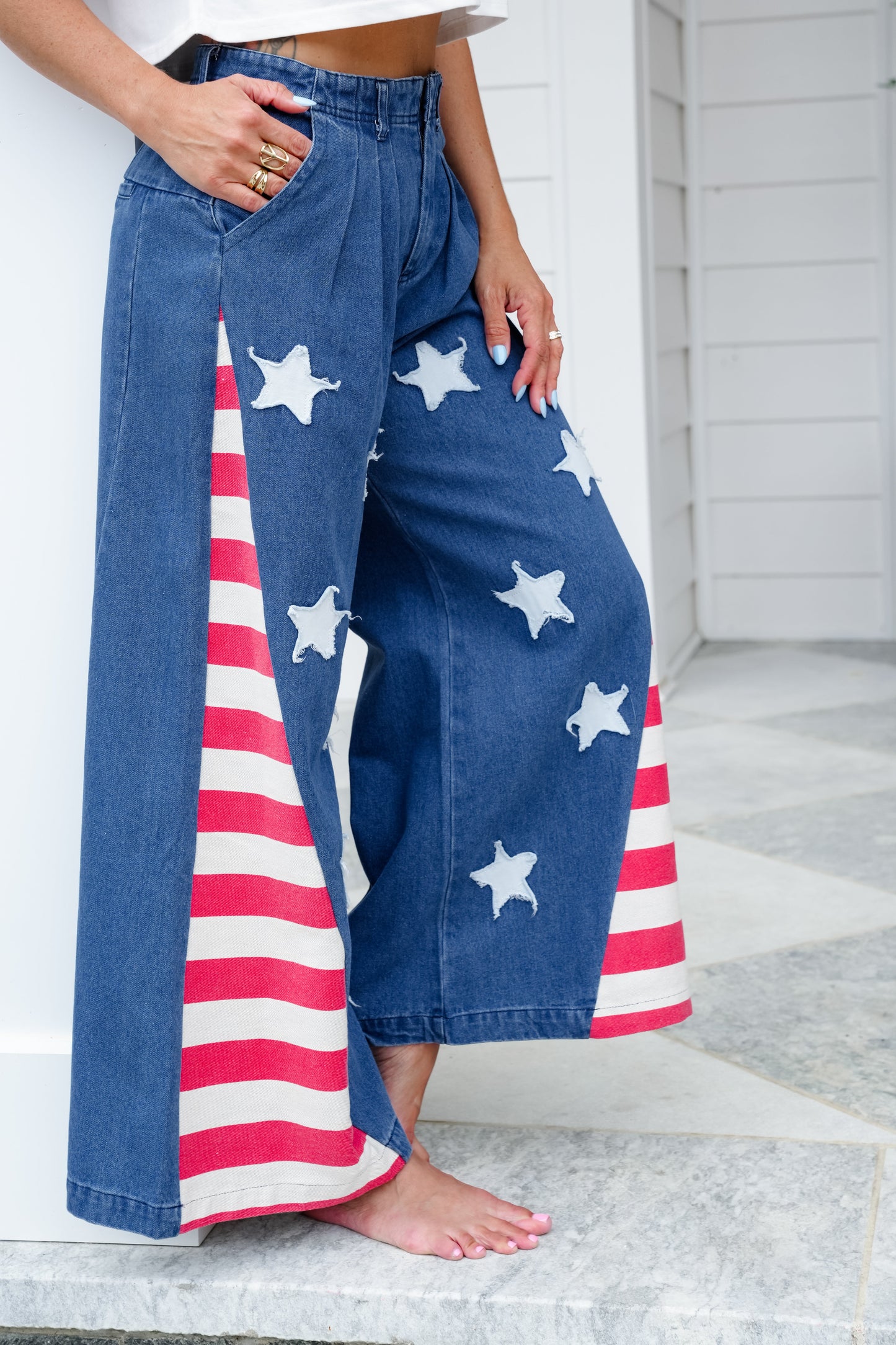 Vintage Wash Denim American Flag Patch Pants
