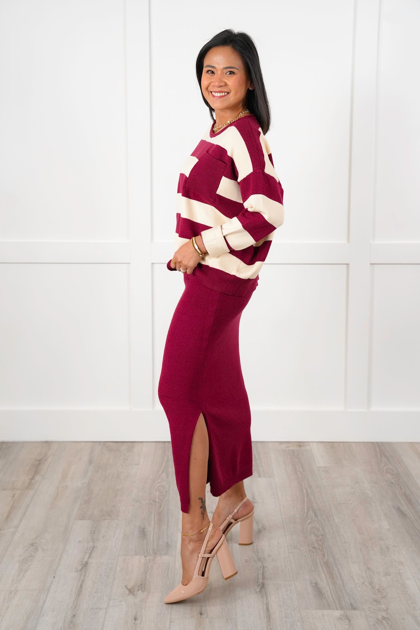 Stripe Long Sleeve Sweater and Pencil Skirt Set