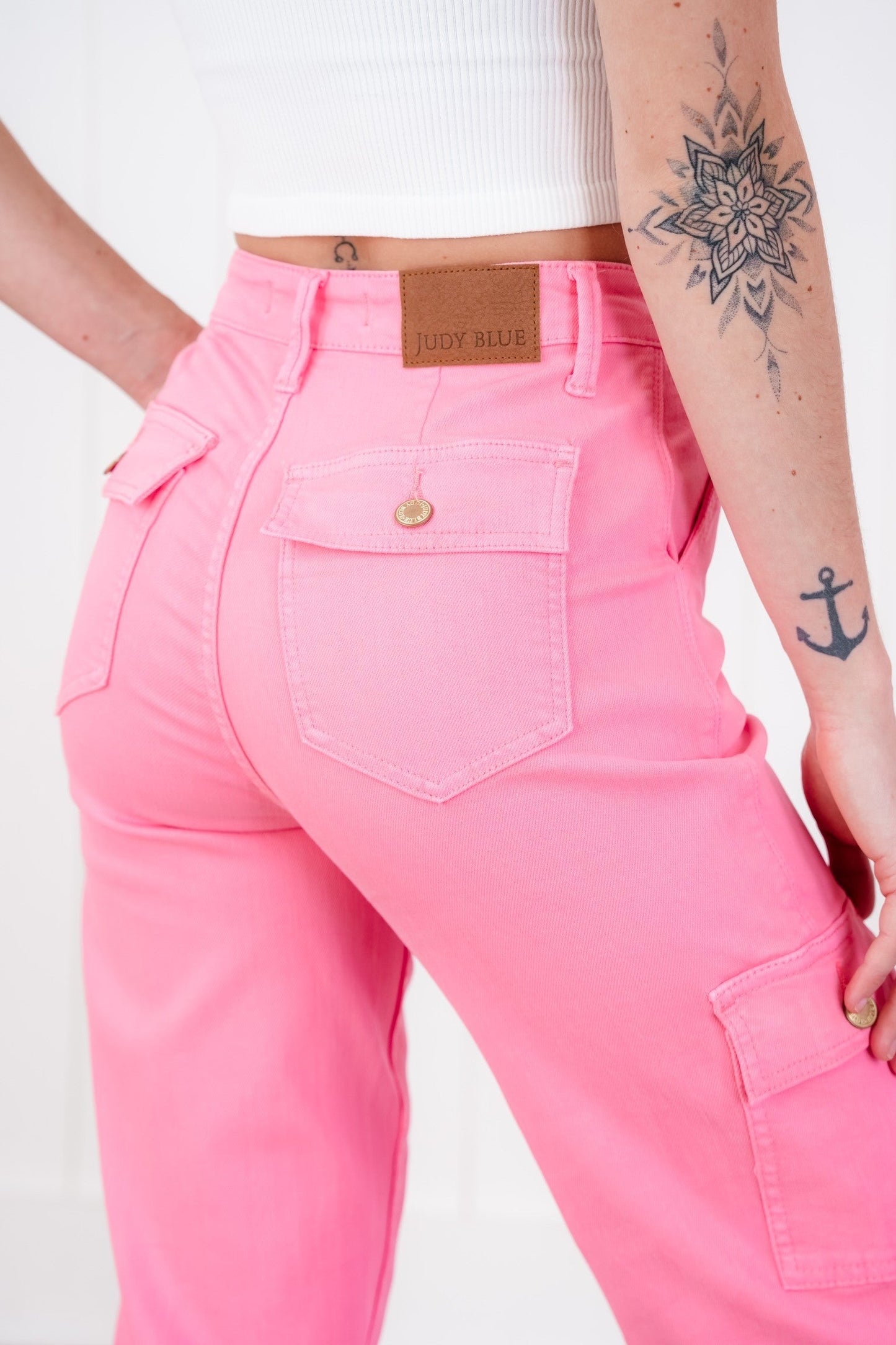 Judy Blue High Rise Pink Garment Dyed Cargo Straight Leg Jeans