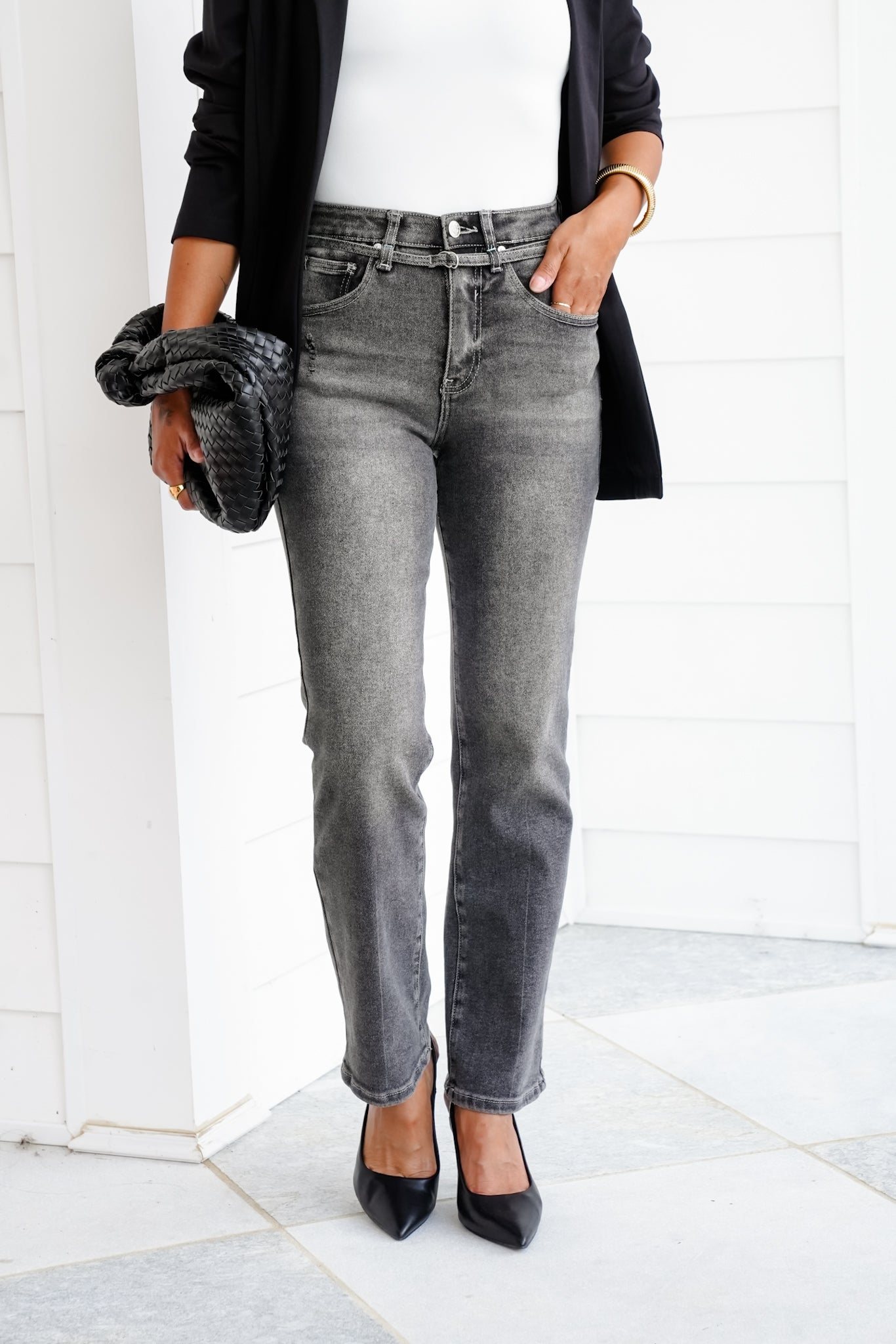 Saige High Rise Gray Tummy Control Relaxed Straight Leg Jeans with Belt