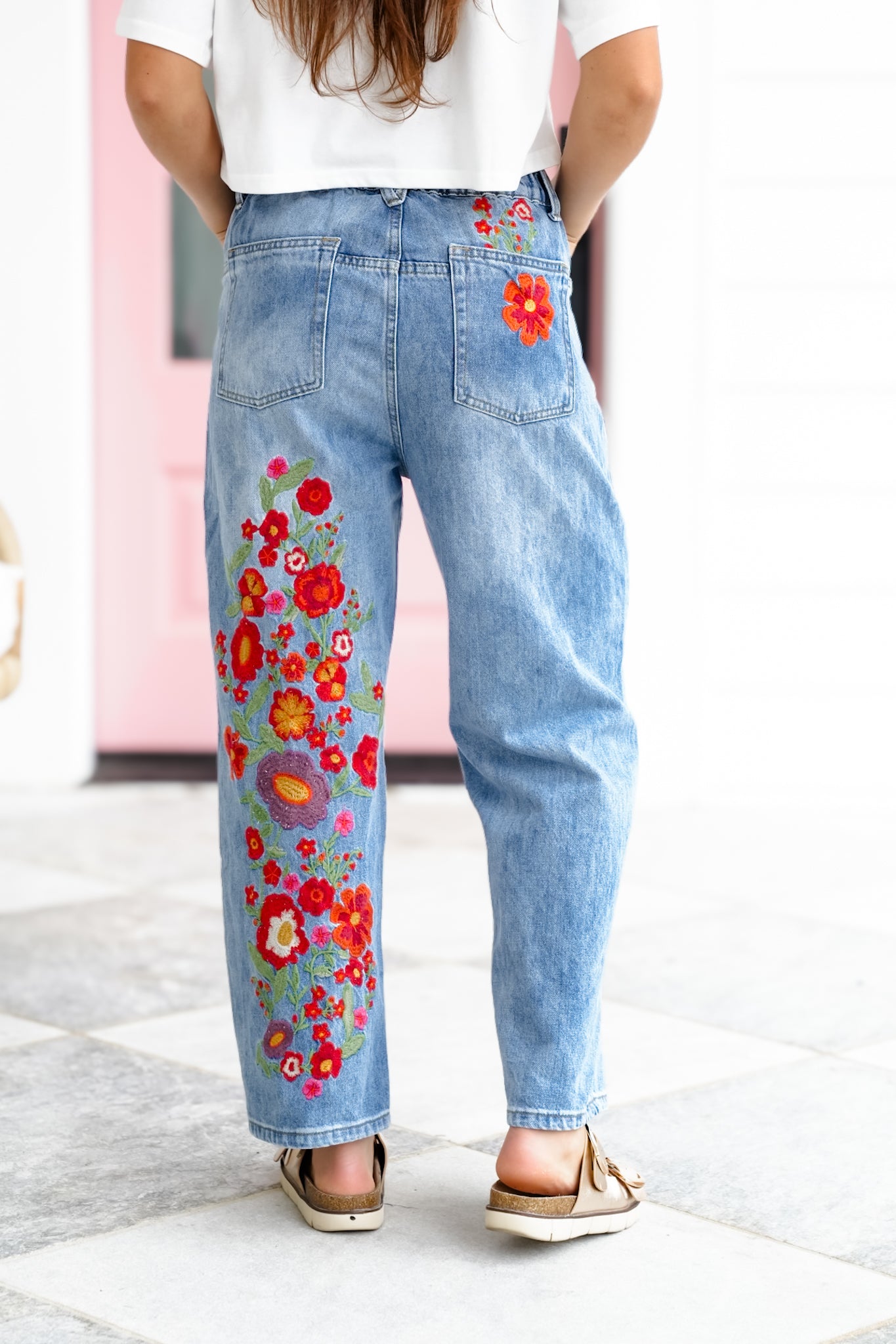 Restock! Wildflower Drive Mineral Wash Relaxed Fit Denim Jeans with Floral Embroidery Detail