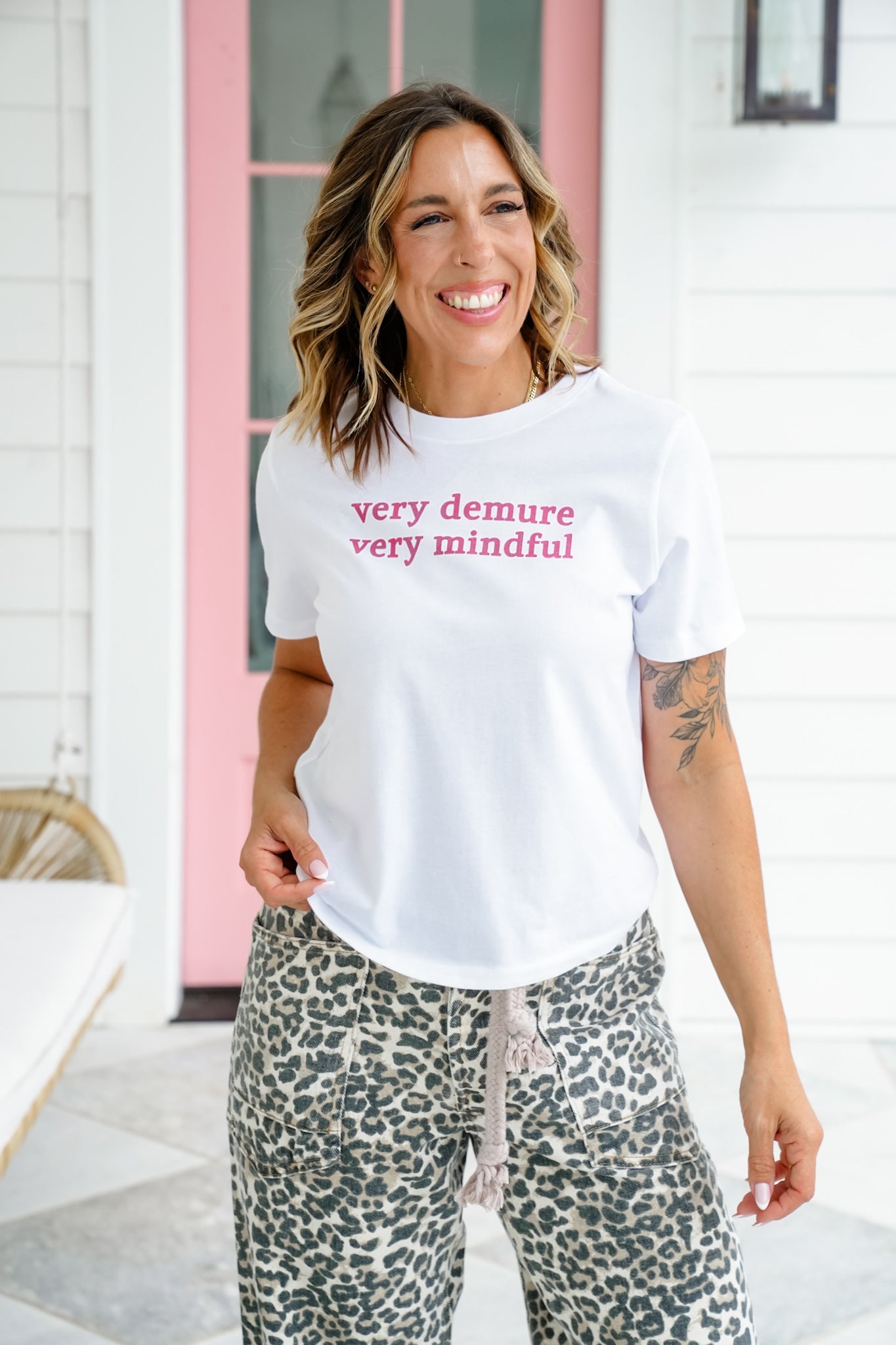 Plus/Reg White Short Sleeve "Very Demure Very Mindful" Graphic Tee