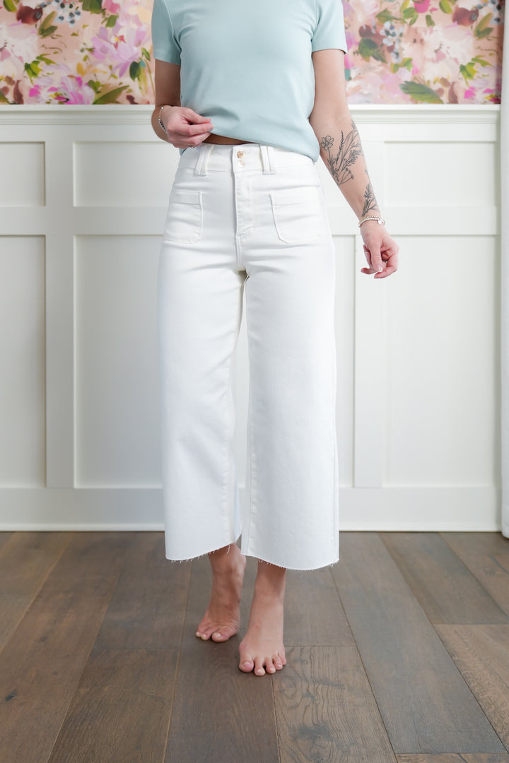 Judy Blue High Rise White Cropped Wide Leg Jeans with Patch Pockets