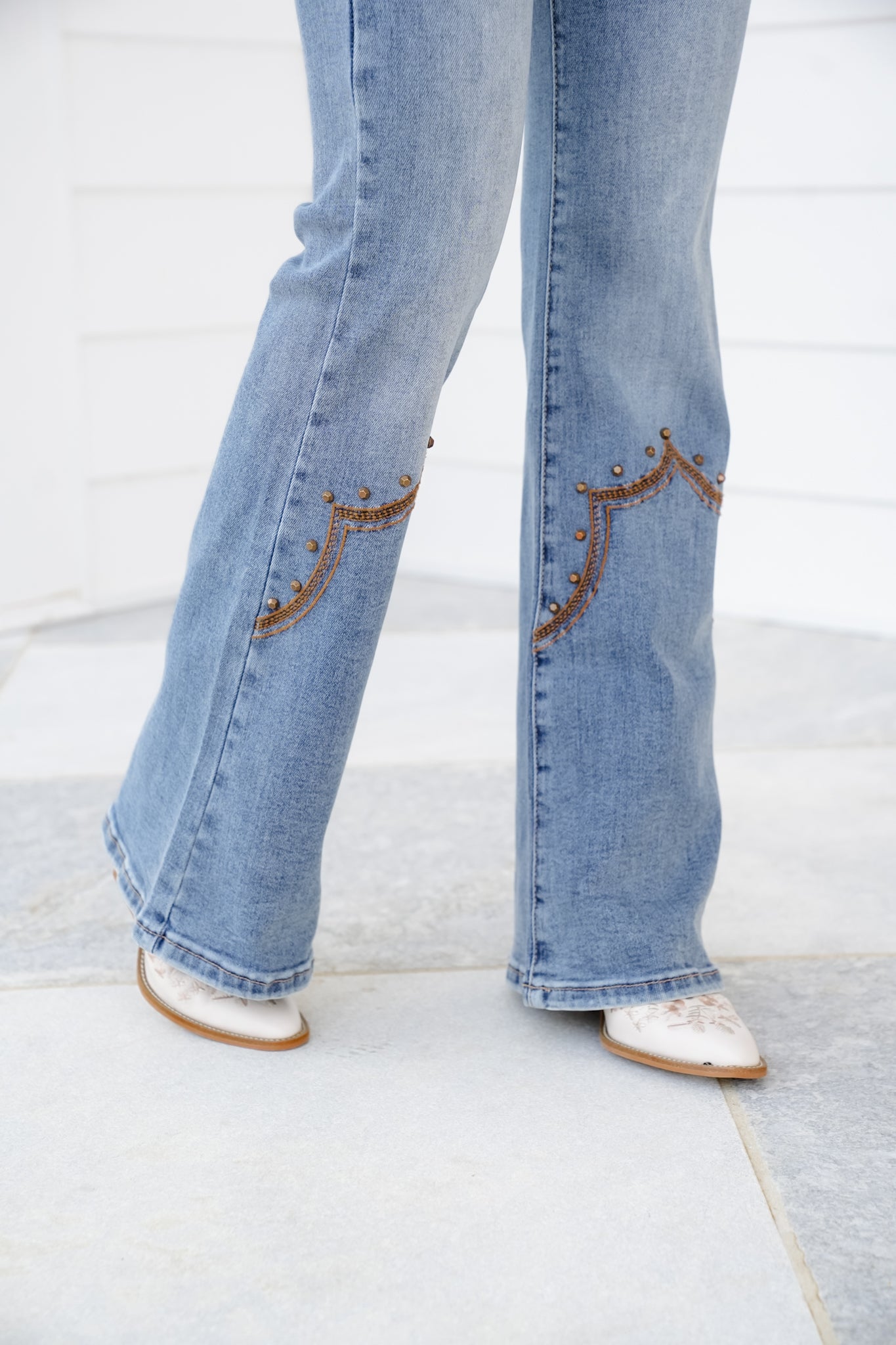 Saige High Rise Medium Wash Tummy Control Flare Jeans With Embroidery