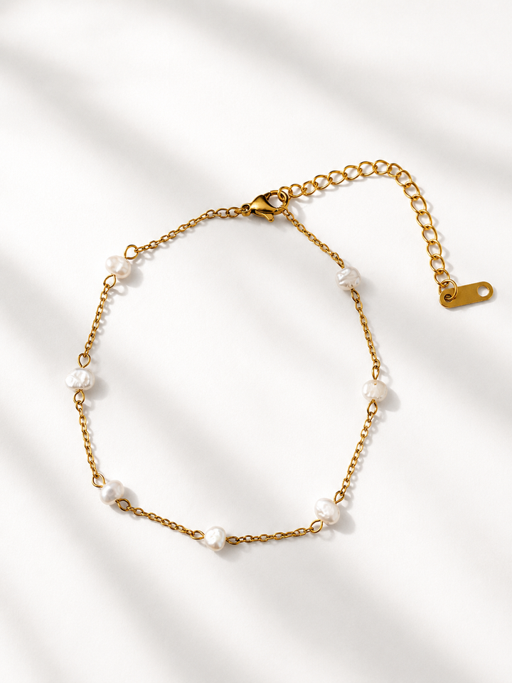 18K Gold Non Tarnish Pearl Station Anklet