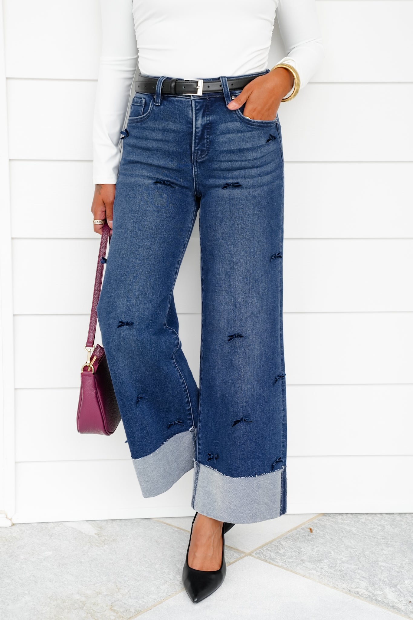 Risen High Rise Dark Wash Tummy Control Crop Wide Leg Jeans with Bows