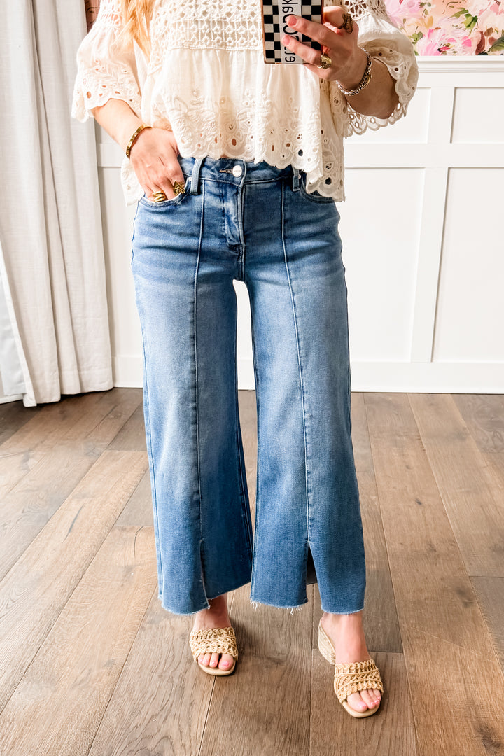 Risen Mid Rise Medium Wash Tummy Control Cropped Wide Leg Jeans with Front Slit