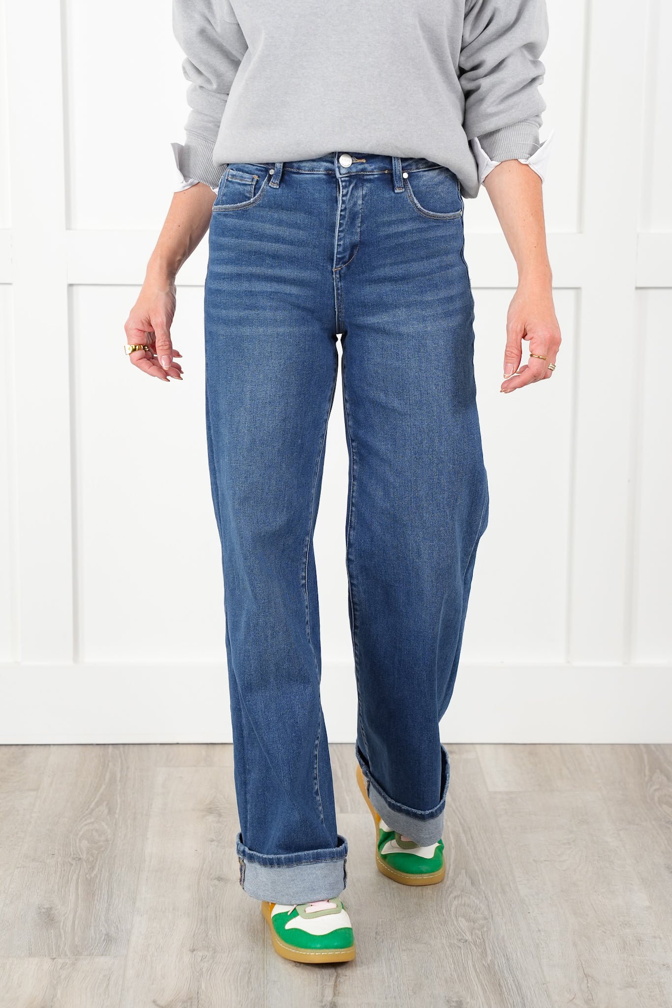 Risen High Rise Dark Wash Tummy Control Wide Leg Long Inseam Cuffed Jeans