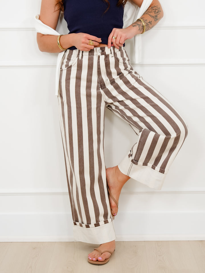 Stripe High Waist Cuffed Leg Barrel Pants