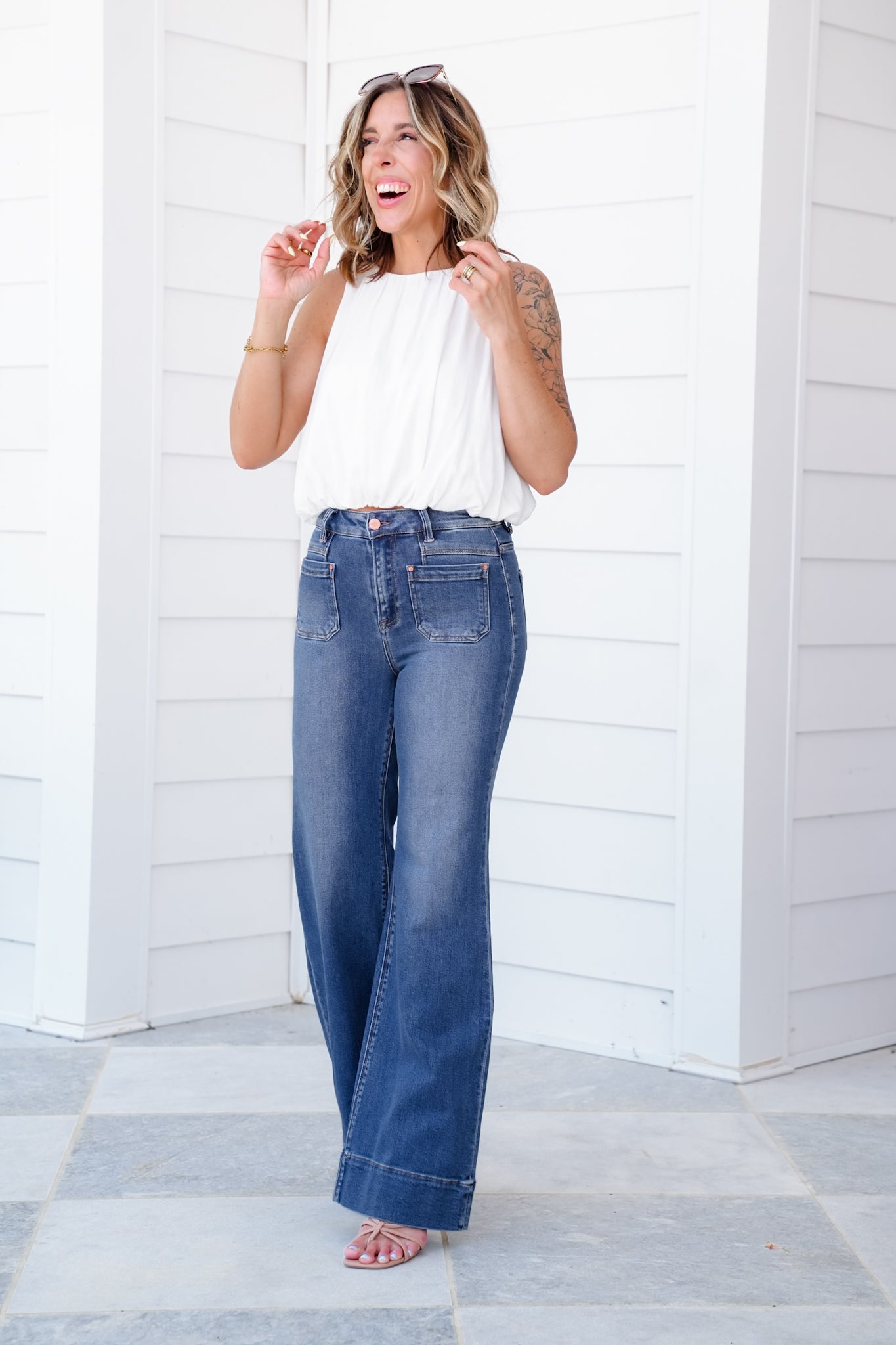 Risen High Rise Dark Wash Wide Leg Flare Jeans with Patch Pockets