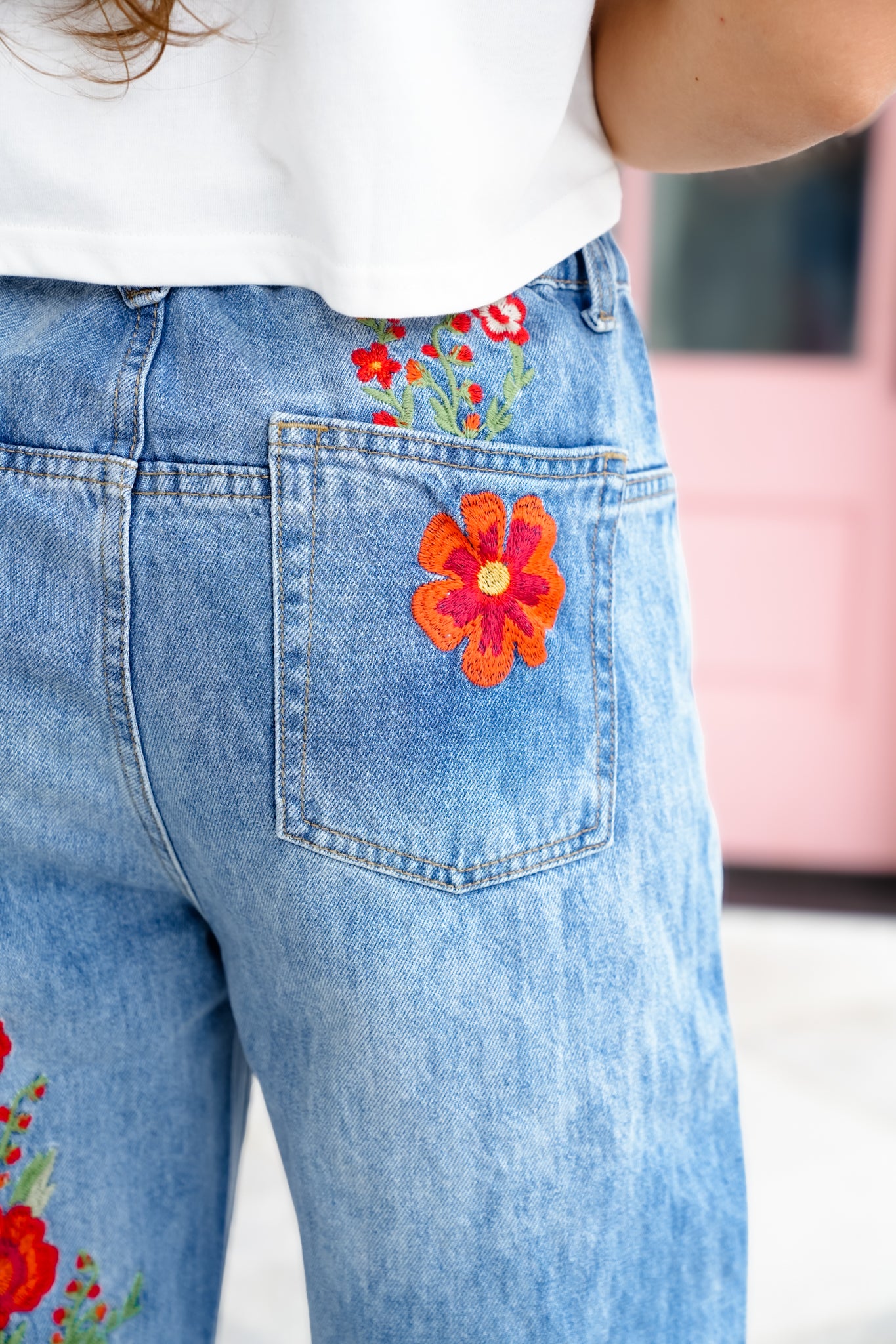 Restock! Wildflower Drive Mineral Wash Relaxed Fit Denim Jeans with Floral Embroidery Detail
