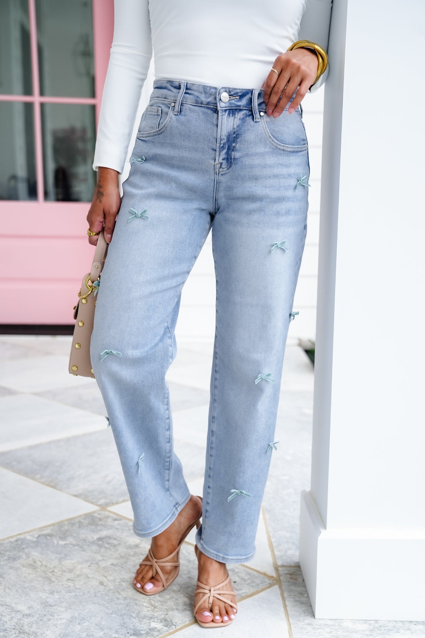Risen High Rise Light Wash Crop Barrel Jeans with Bow Detail