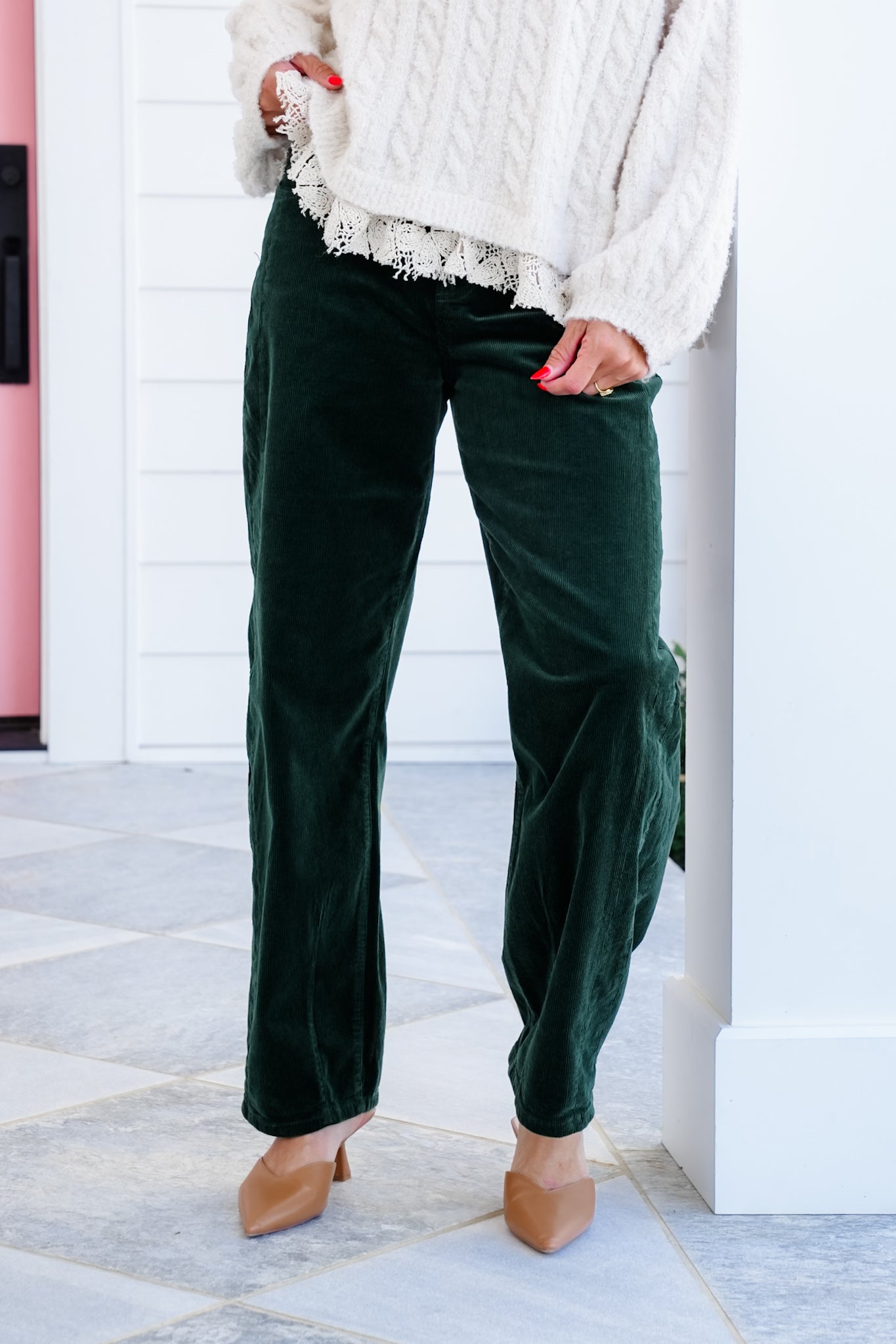 Risen High Rise Green Cuffed Corduroy Barrel Pants