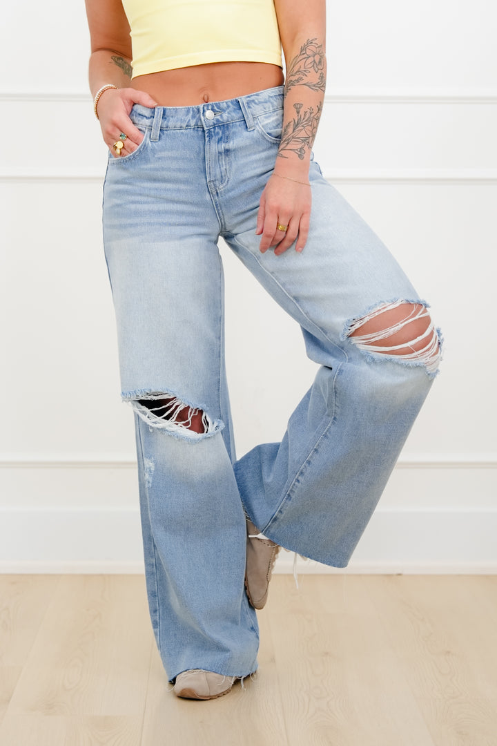 Cello Low Rise Light Wash Distressed Wide Leg Jeans
