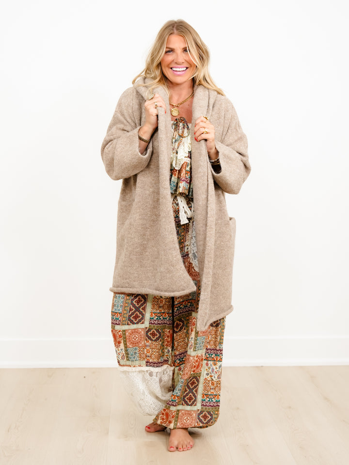 Long Sleeve Open Front Hooded Cardigan - Freckled Poppy
