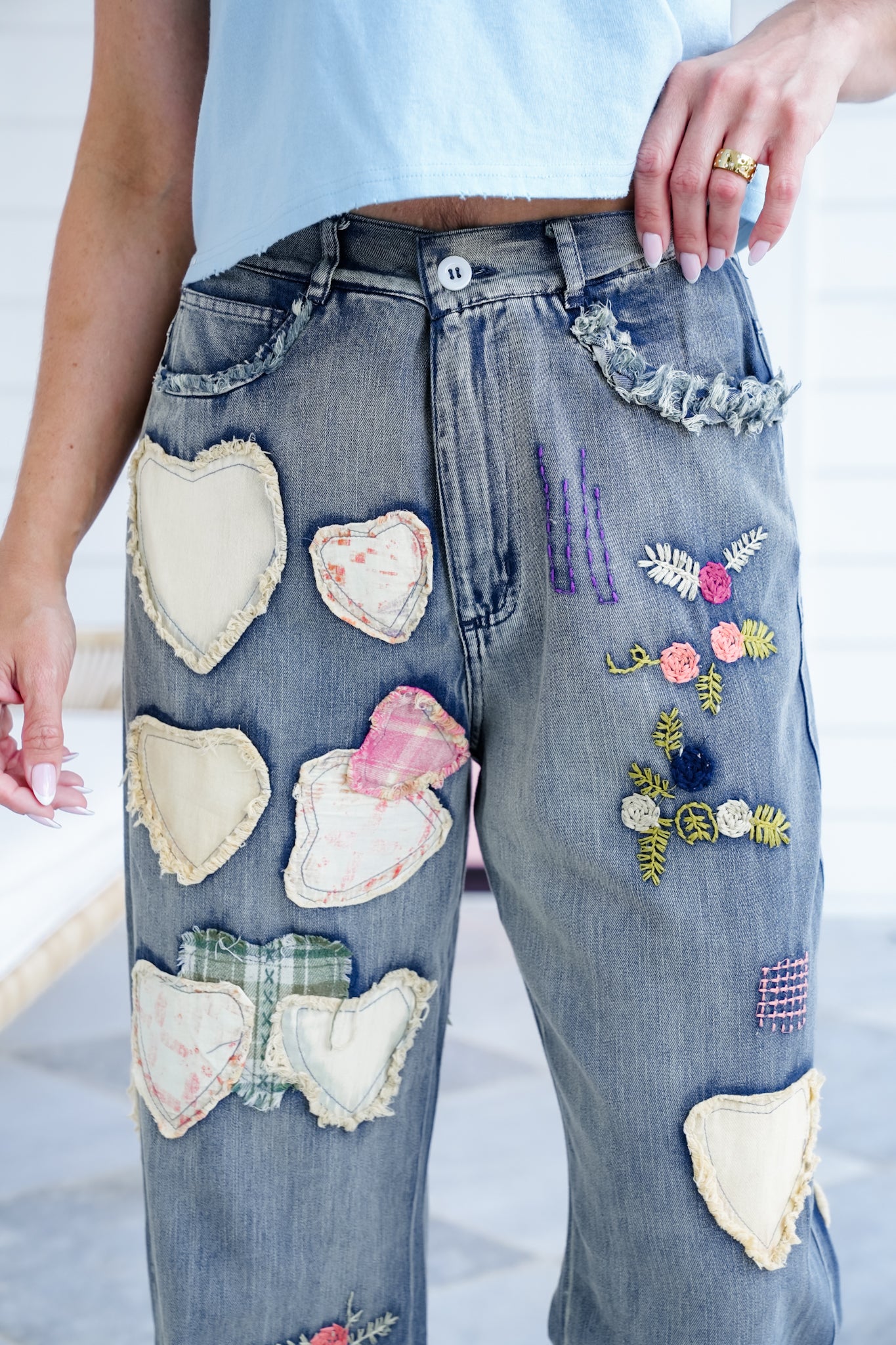 Denim Relaxed Fit Jeans with Embroidered Patchwork Detail