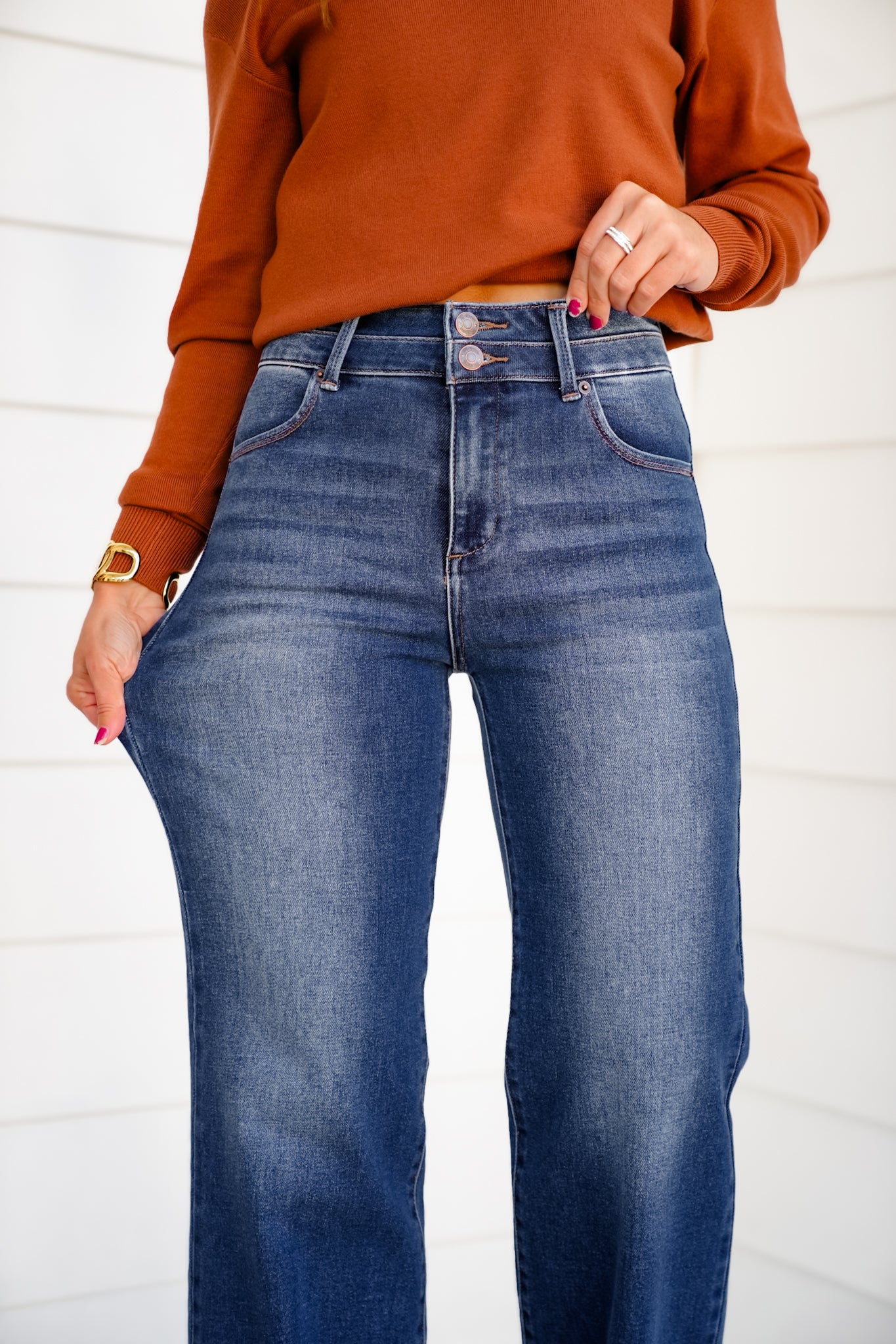 Risen High Rise Dark Wash Double Waistband Wide Leg Jeans