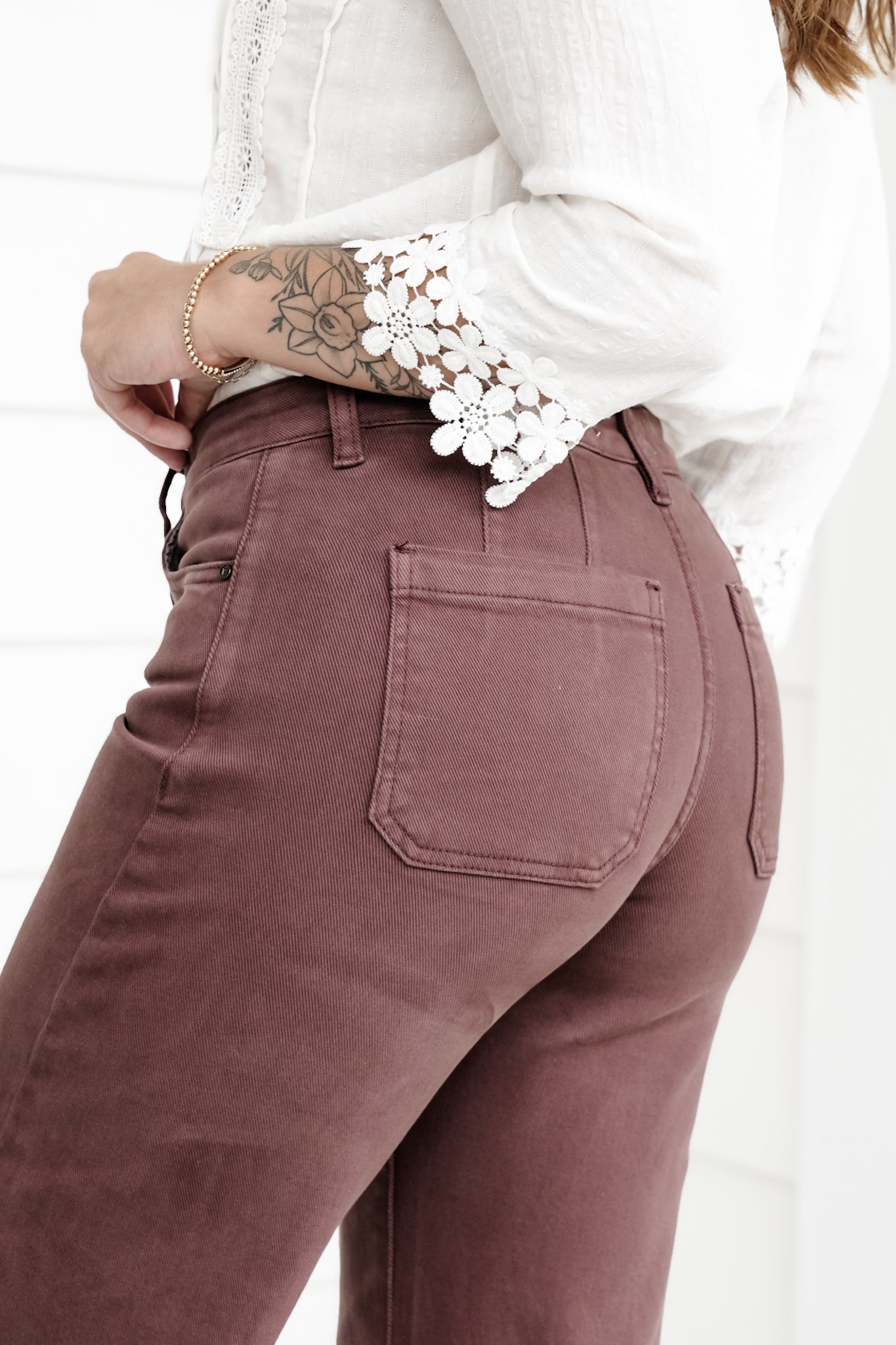 Risen Espresso Lane Mid Rise Brown Tummy Control Wide Leg Jeans with Large Wide Hem