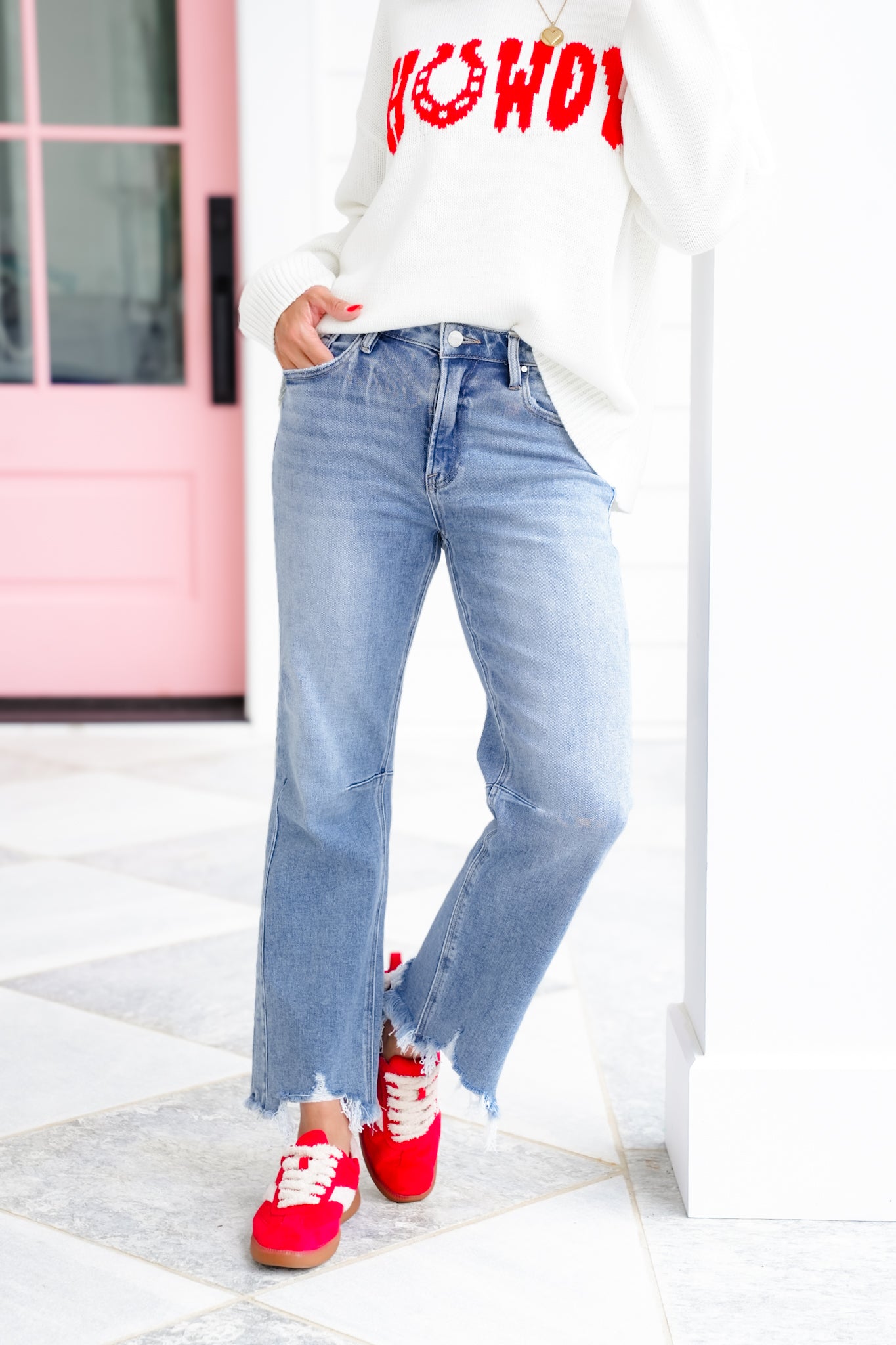 Risen High Rise Medium Wash Crop Straight Leg Jeans with Step Hem