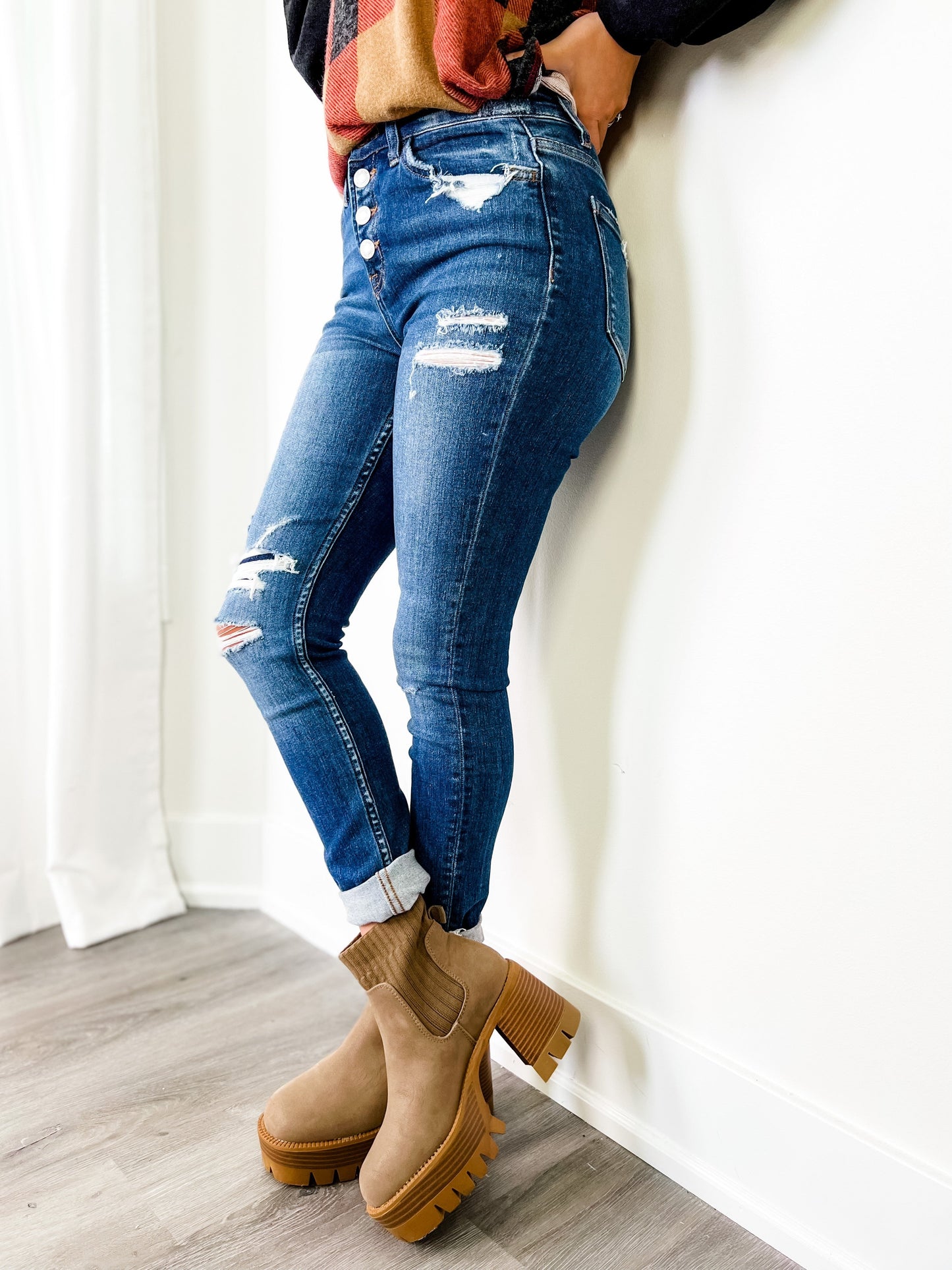 Vervet Parkside Medium Wash Distressed Button Down Skinny Jeans with Raw Ankle Hem