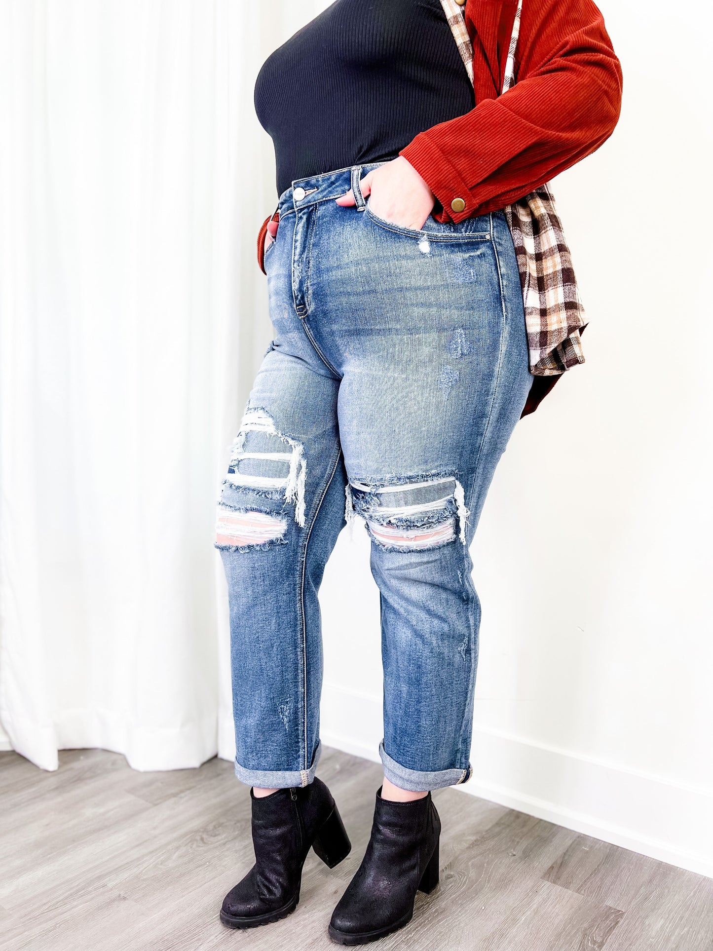 Risen Dark Wash High Rise Distressed Girlfriend Jeans