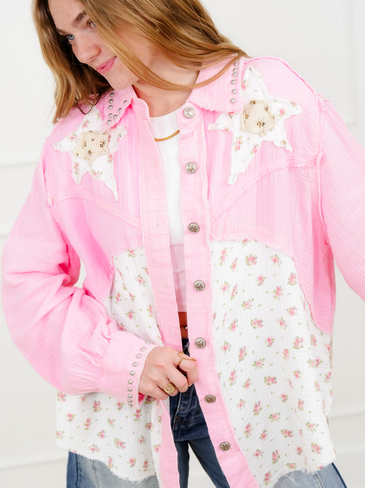 POL Floral Pattern Long Sleeve Button Up Top With Star Patch