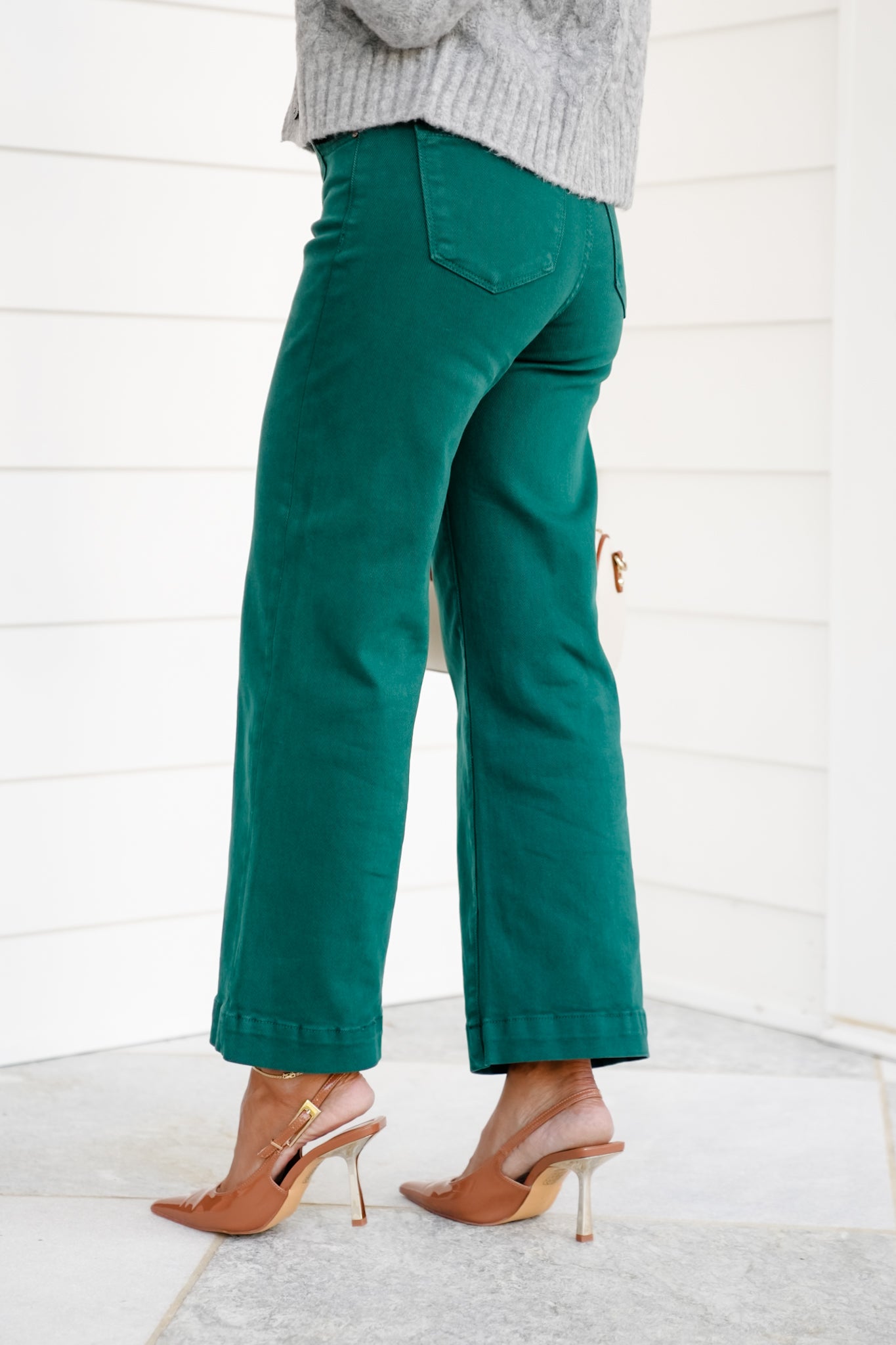 Risen High Rise Green Cropped Wide Leg Jeans