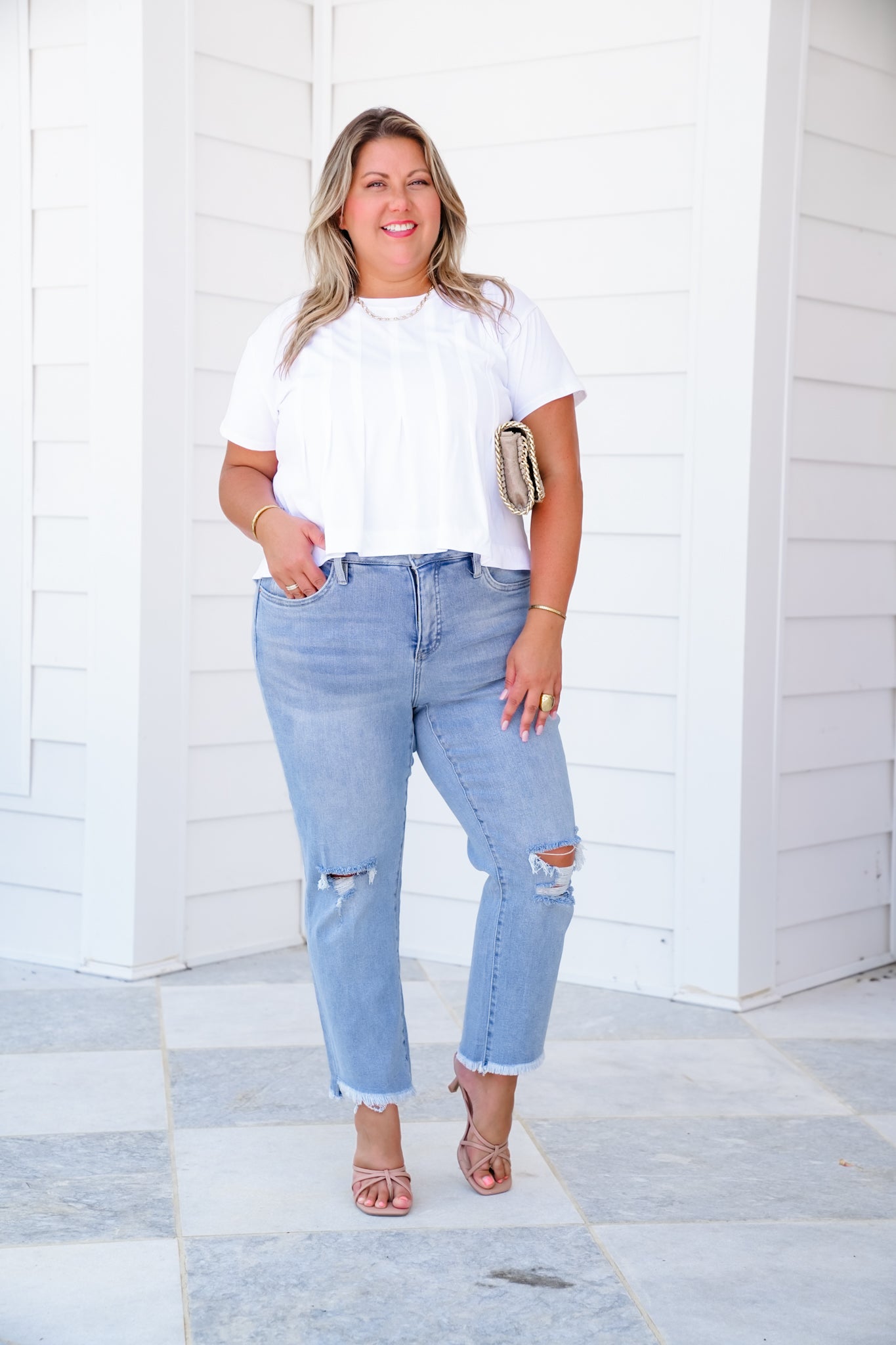 RFM High Rise Light Wash Step Fray Hem Slim Straight Leg Jeans