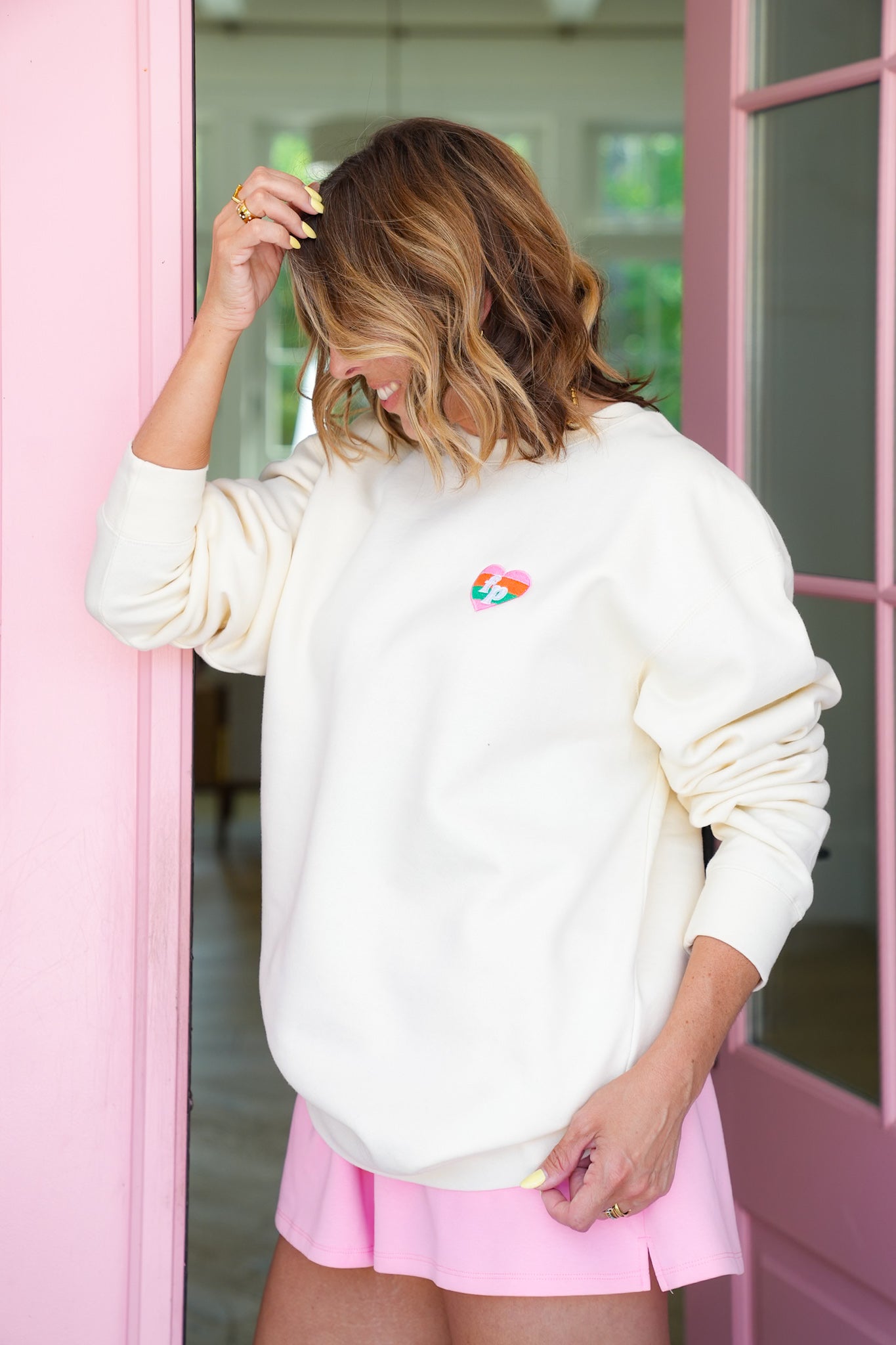Plus/Reg Long Sleeve "FP" Embroidered Heart Graphic Sweatshirt