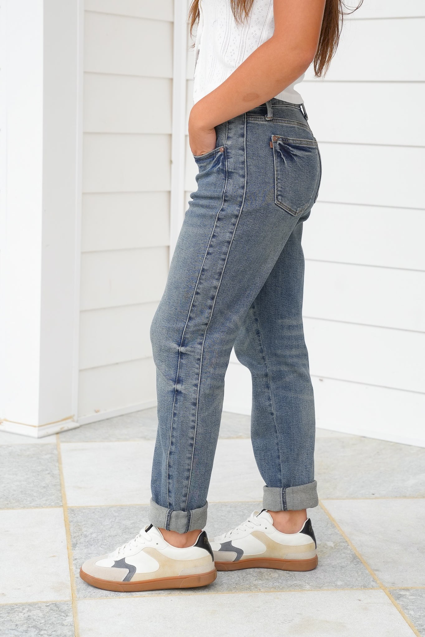 Judy Blue Mid Rise Medium Vintage Wash Boyfriend Jeans with Side Panel And Rolled Cuff