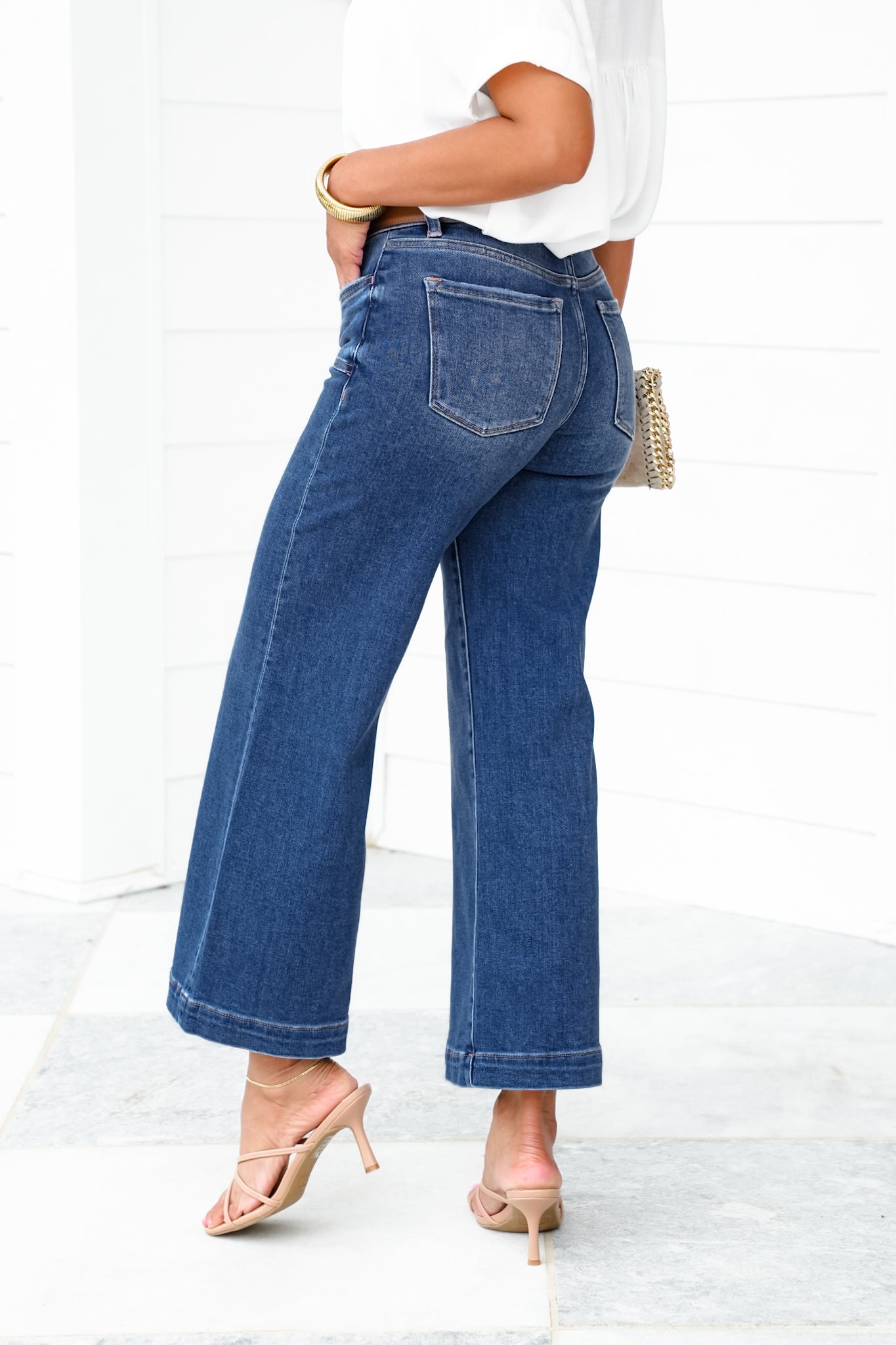 Risen Mid Rise Dark Wash Cropped Wide Leg Jeans with Front Patch Pockets