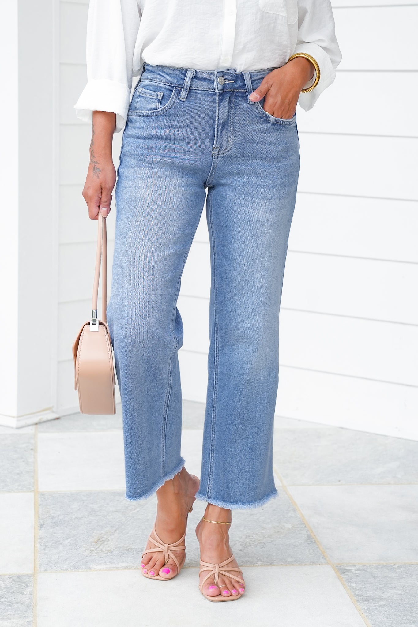 Lovervet High Rise Medium Wash Cropped Slim Wide Leg Jeans