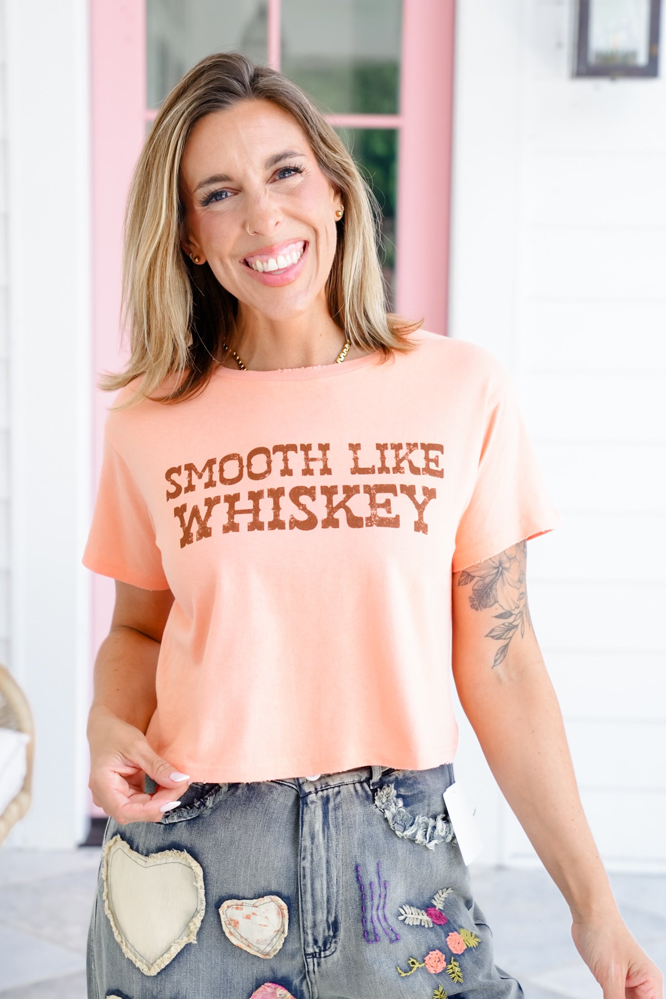 Short Sleeve "Smooth Like Whiskey" Graphic Crop Tee