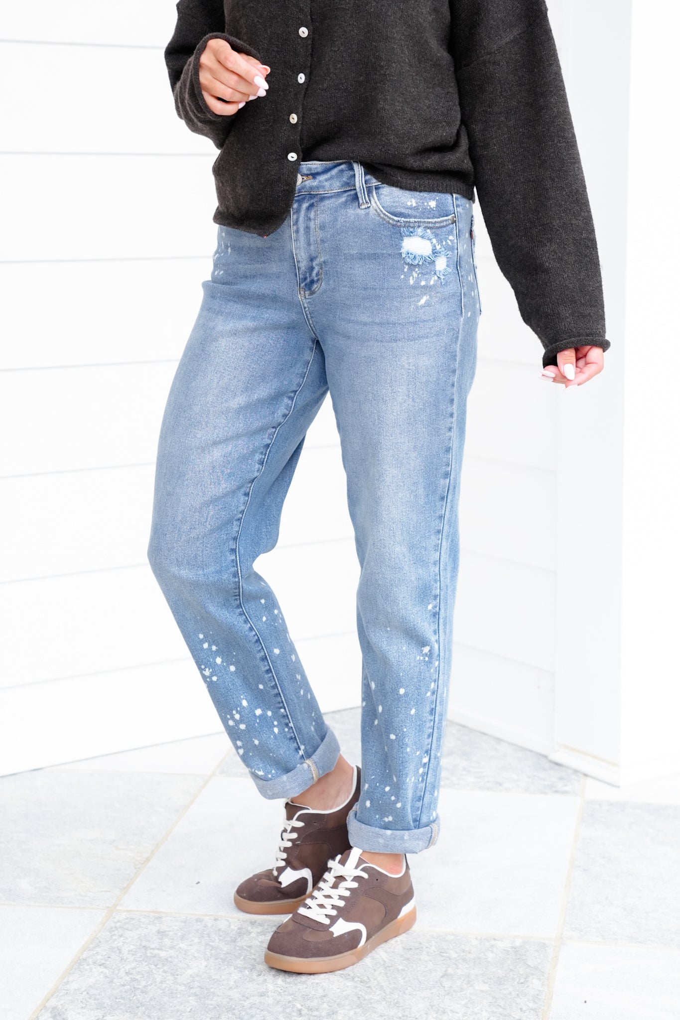 Judy Blue Mid Rise Medium Wash Distressed Bleach Splatter Cuffed Boyfriend Jeans