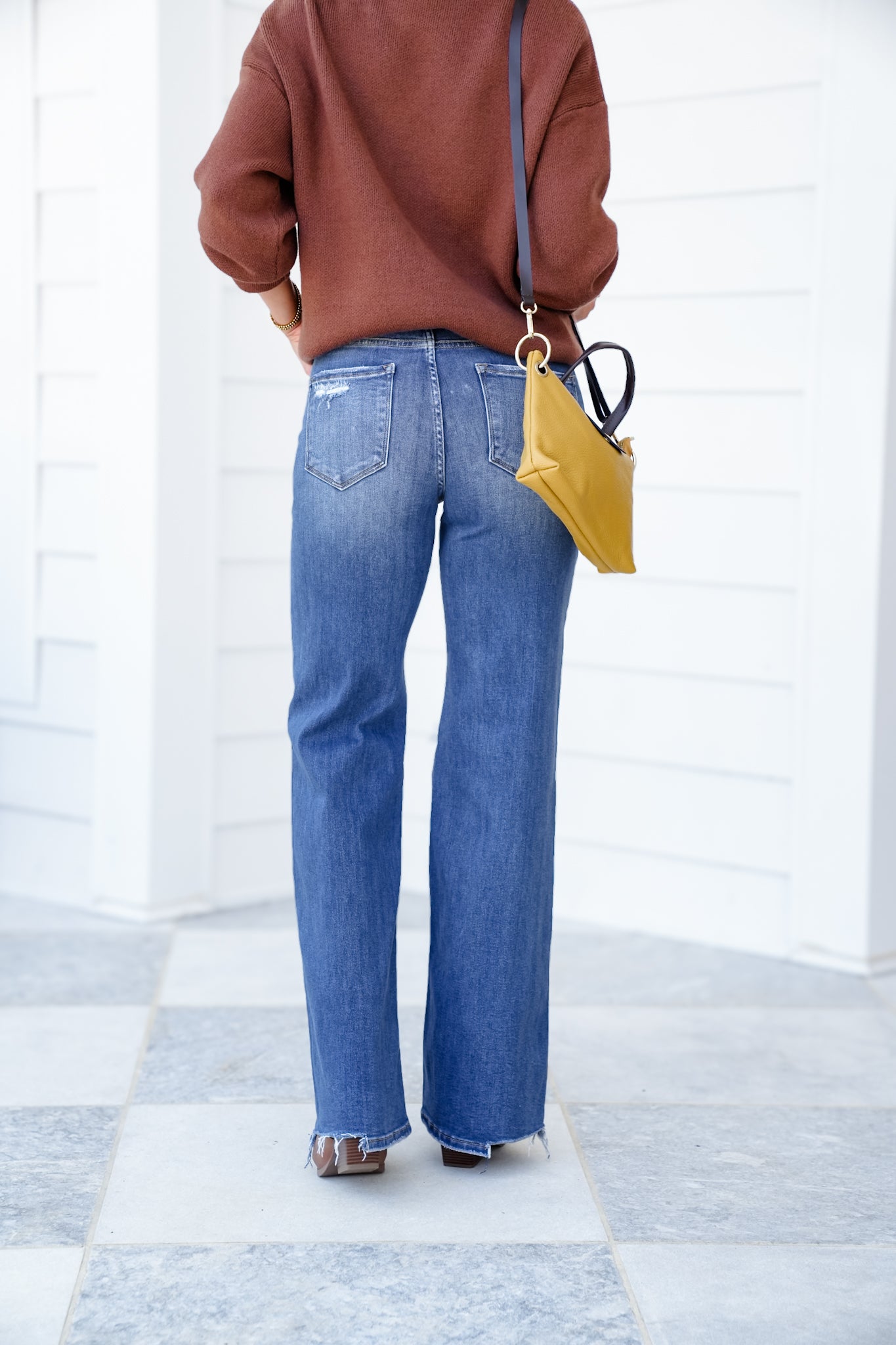 Risen High Rise Dark Wash Tummy Control Distressed Knee Wide Leg Jeans