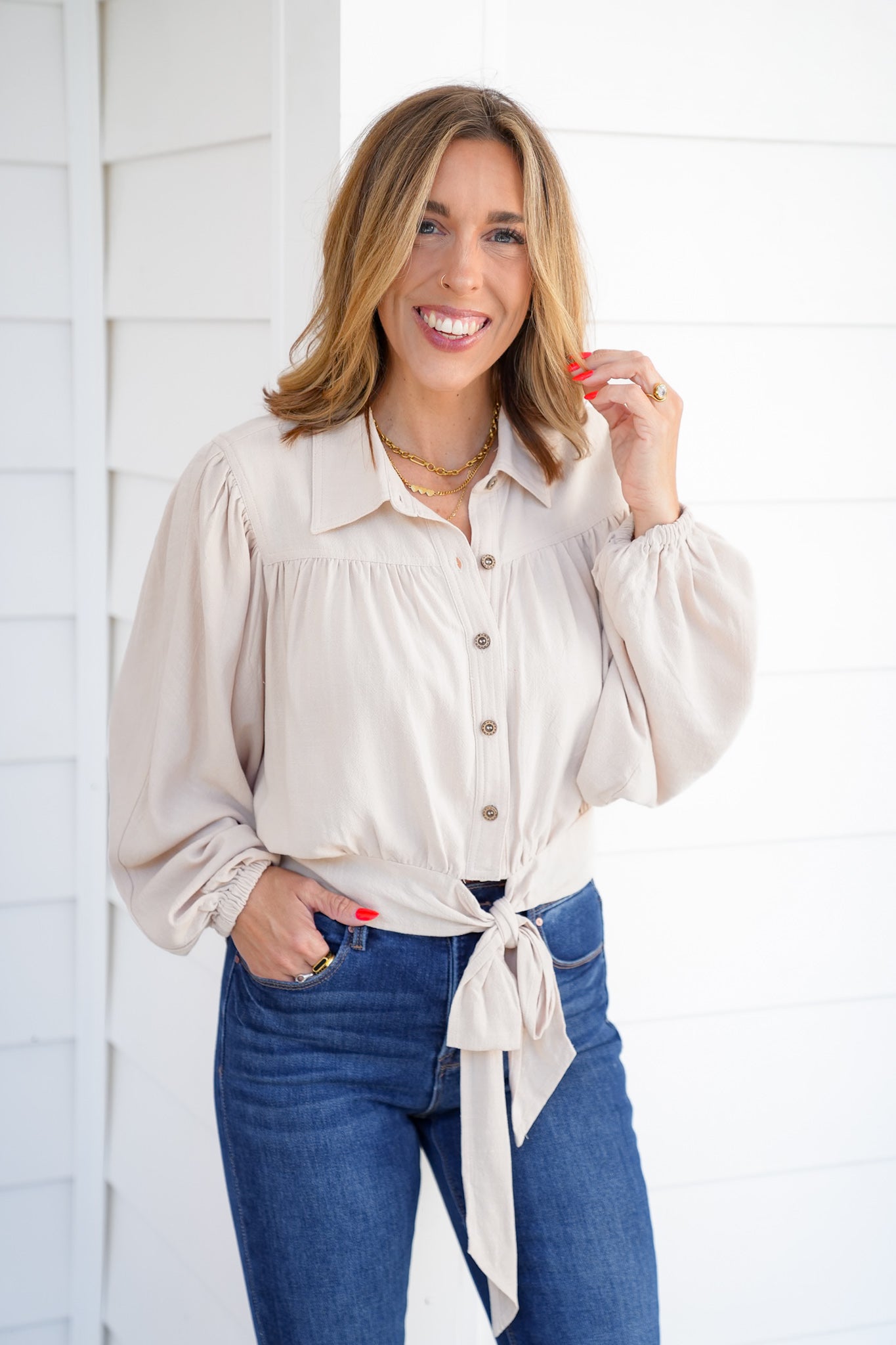 Linen Blend Long Sleeve Button Down Cropped Blouse
